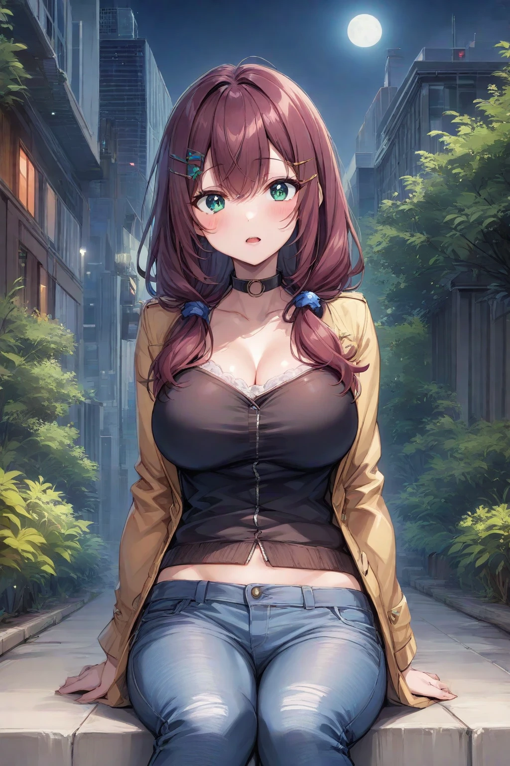 (masterpiece, best quality), 1girl, solo, red hair, medium hair, wavy hair, swept bangs, green eyes, huge breasts, freckles, curvy, sitting, wariza, from above, full-face blush, laughing, clumsy, sexually suggestive, spoken blush, city, street, tank top, halterneck, blue denim jacket, green pleated skirt, white thighhighs, leather ankle boots, sidewalk, looking at viewer, handbag, plunging neckline, downblouse,