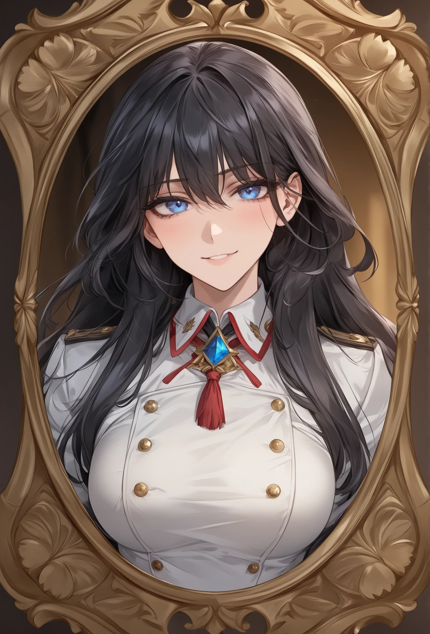 score_9, score_8_up, (masterpiece, top quality, best quality, official art, beautiful and aesthetic:1.2), (8k, best quality, masterpiece:1.2), (((masterpiece))), (((best quality))), (((extremely detailed))), illustration, (masterpiece, top quality, best quality, official art, beautiful and aesthetic:1.2), (8k, best quality, masterpiece:1.2), see-through, source_anime, 1girl, adult, ((dark hair)), dark hair, ((intimidant look)), ((close-up)), blue eyes, uniform, sexy, dark colors, brillant eyes, ((wavy hair)), perfect hands, ((intimidant look)), good anatomy, ((militar uniform)), emotionless, intimidant, ((beautiful eyes)), close up, ((detailed eyes)), beautiful eyes, ((detailed face)), arrogant smile, detailed face, full body, full body, evil smile