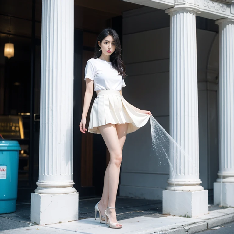 ((Full body:1.2,Voyeur from the side:1.2,from a distance:1.2)),(Very beautiful 13 year old Japanese skinny girl:1.4),A girl wearing a pure white frilly miniskirt dress,Pure white high heels,slim body shape,disproportionate breasts,huge Breasts,Embarrassing pose,Anxious expression,Looking Ahead,from below,realistic,best quality,ultra-detailed,high resolution
