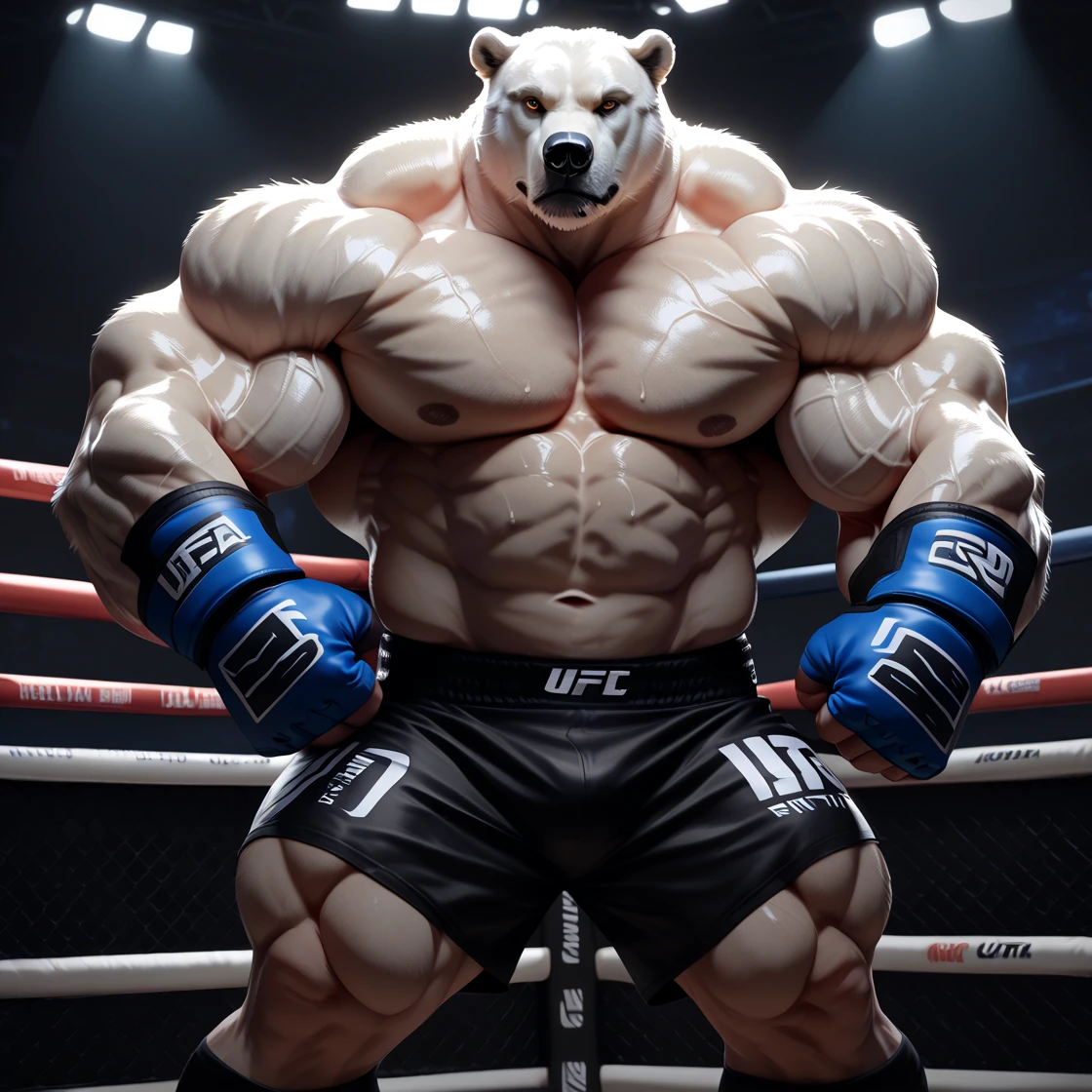 huge muscular polar bear in gymnasium, big smirk, polar bear, huge white fur, thick arm, huge arm, white mustache, white bearded. Short white hair, (huge thick muscular, huge pectoral, wide pectoral, thick arms), gymnasium, ring, realistic, 8k, masterpiece, added grayish eyebrows, detailed eyes with blue pupils, (wearing black mixed martial arts shorts with blue slits, mixed martial art fingerless gloves with blue pads, black toeless footwear and shirtless and topless)