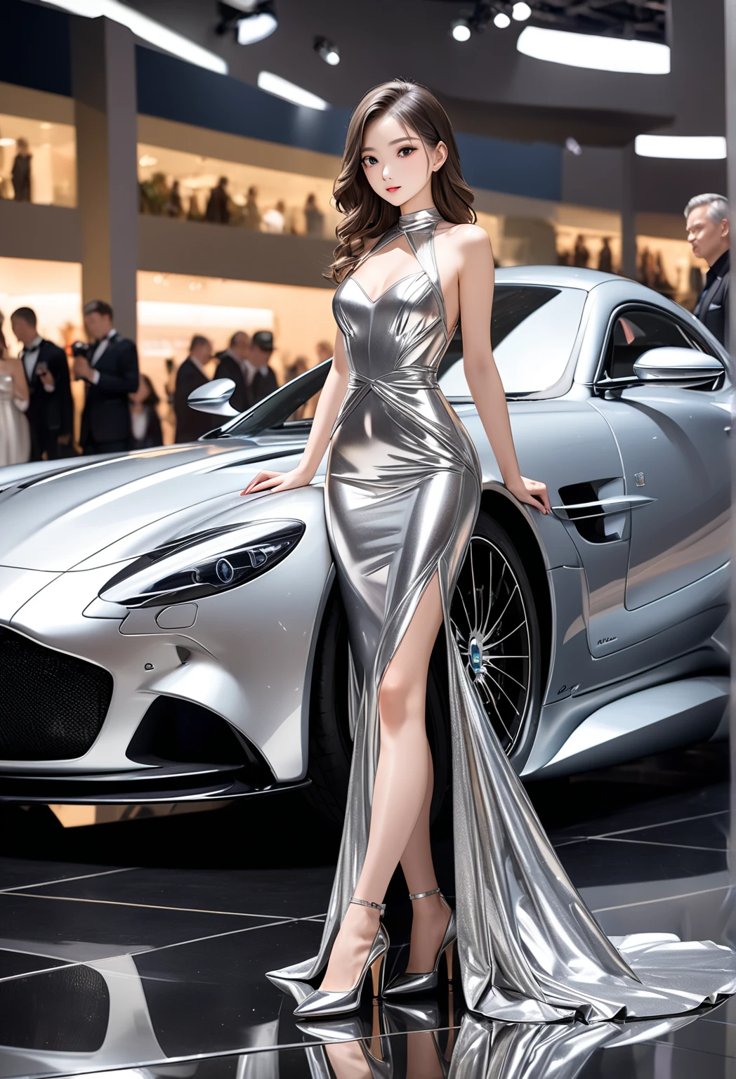 (((best quality))),(((ultra detailed))),(((masterpiece))),illustration,((1girl,gorgeous female model,solo)),((earrings,crystal necklace)),((slim,thin)),((small breasts,flat chest)),(slender legs:1.2),(high heels:1.2),(standing:1.3),(arms behind back:1.3),(beside a sleek futuristic car:1.3),(glamorres sparkled dress:1.3),intricate embellishments,drop-dead gorgeous,(shoulder length straight hair:1.2),vibrant piercing eyes,delicate facial features,rosy cheeks,parted res lips,confident allure,beauty grace,intricate patterns,shimmering fabric,elegant draping,complementary skin tone,radiates beauty,allure,sleek streamlined design,futurism,smooth curves angles,ambient lighting,ethereal aura,intricate patterns,LED lights,glow,sea of activity,(surrounded by crowded crowds:1.3),examine cars,electric atmosphere,cyberpunk style,excitement anticipation,energy palpable,enthusiasm future automobiles,modern elegance,technological innovation,captivating vibrant scene,invite viewers step into future,embrace beauty,((from front,full body))