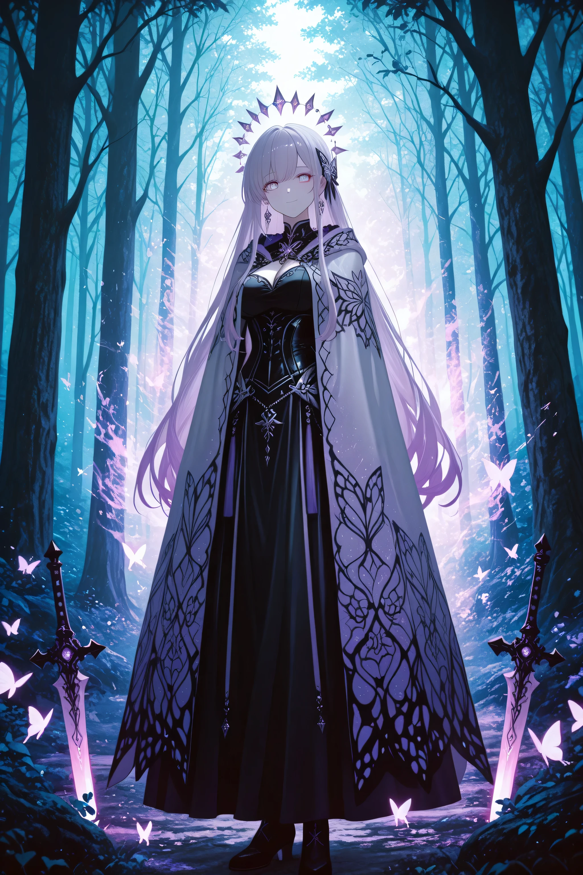 Elegant female anime warrior with pale lavender eyes and a flowing butterfly-patterned cape. Carries twin poison blades. Soft smile, calm aura, standing in a moonlit forest. Inspired by Hinata and Shinobu. Ethereal glow, soft tones, delicate style, 4K."