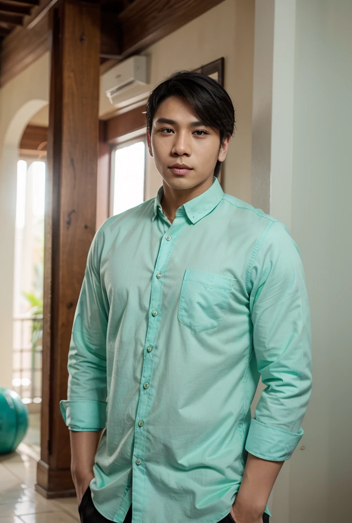 Realistic , Young Thai man, green pants, purple shirt, house backdrop