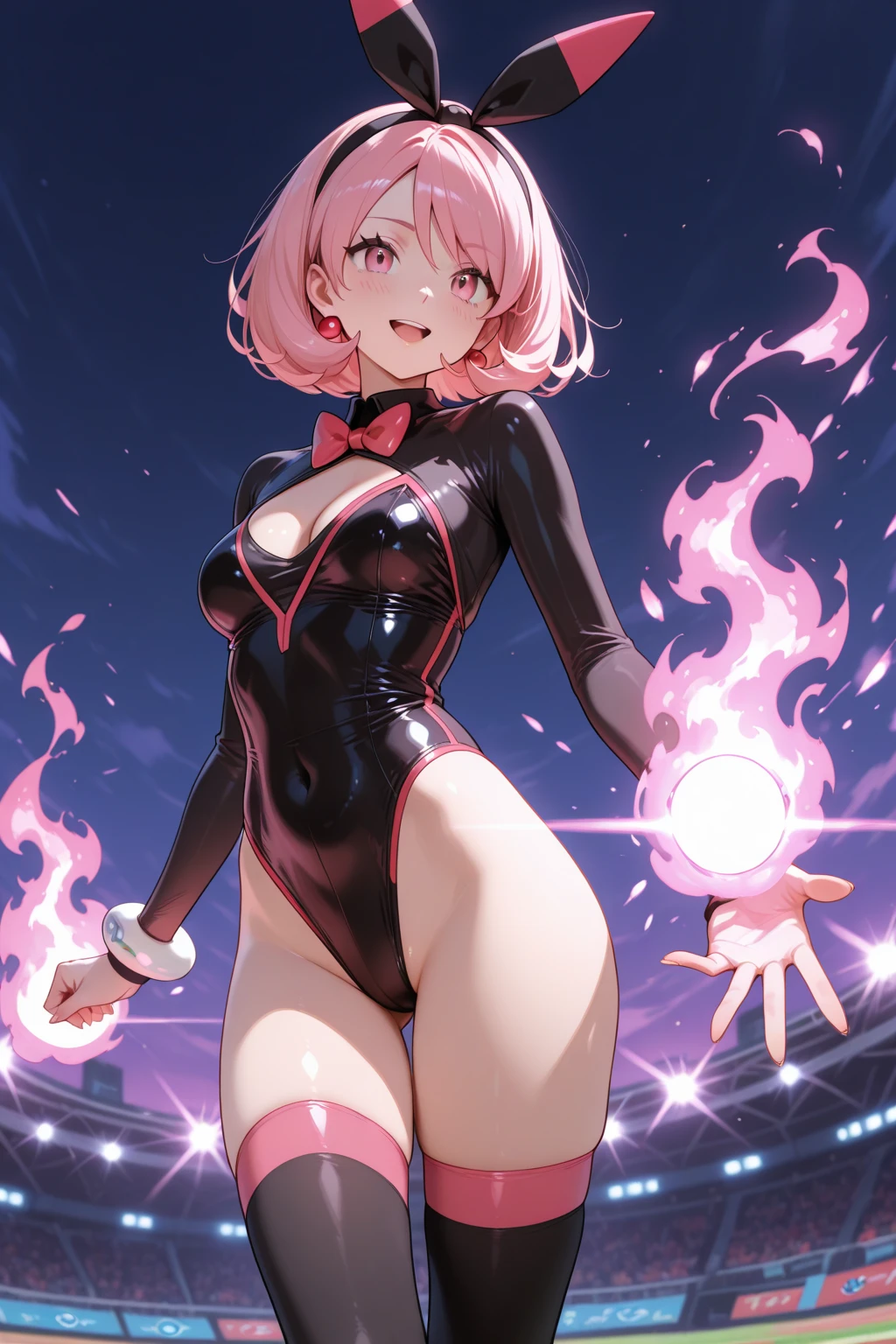 animestyle, closed_eyes, (glowing:1.7), sexy_pose, henshin_pose, akane shinjou, 1girl, solo, young woman, 16yo, short hair, crimson eyes, large_breasts, completely_nude, ((transparent pink see-through light bands wrapped around body, skindetation)), ((red leotard, cleavage, bare_shoulders:1.3)),