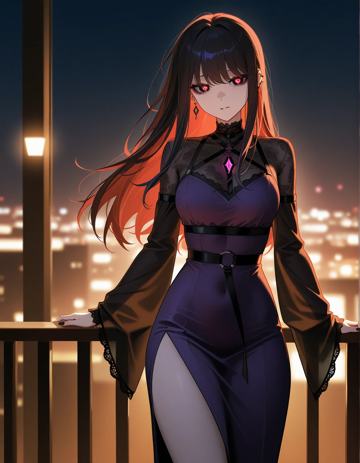 nsfw,Yami the Golden Darkness wearing black battle dress with silver accents, hands on hips, staring at another person, messy long yellow hair, cute red eyes, amazing beauty and incredible presence, dynamic pose, delicate face, beautiful red eyes, confident facial expression, 8k high detail, very detailed, anatomically correct, digital painting, concept art, Shinkai Makoto art style, clear picture, city, full-body portrait, masterpiece, super fine photo, best quality, 8K super high resolution, 2D anime