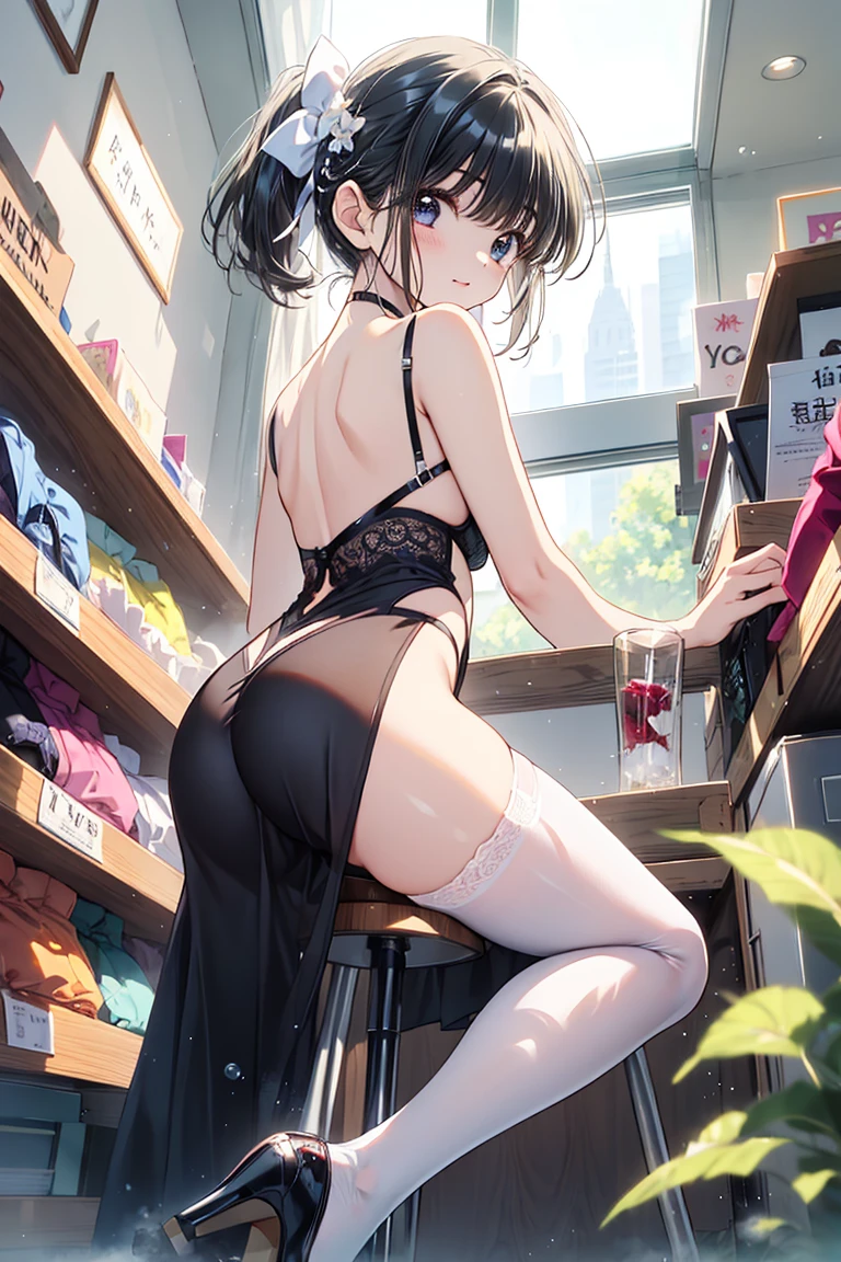 middle age girl1 person、You can see skyscrapers from the window、President's Office、president's secretary、ponytail、night、business suit、white blouse、Tight Skirt、garter stockings、spread your legs、show off、exposed chest、pink nipples、an inviting face、I feel like having sex、Top and bottom set underwear、sexy panties