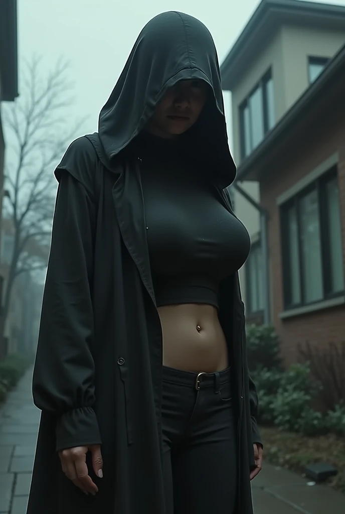 1 girl, (shapely body), standing wearing black and white micro bikini(standing alone), 30 years old, hdr, slenderwoman,standing full body, suit, Hwa Ryun is in the semi-darkness of a dilapidated building surrounded by opponents. His black cloak clings to his naked body, as if taking on a shadow, and the golden patterns on his mask shine in the dim light. full body standing