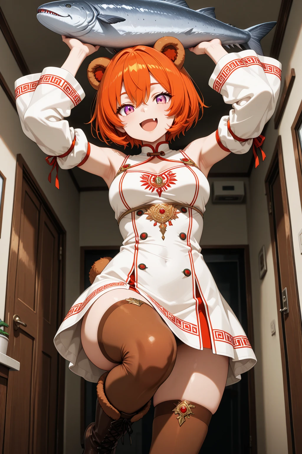 master-piece, bestquality, 1girls,16 years old, View viewers from the up, sit down, leaning forward, horny, HD, slight smile, big tits, cleavage, short orange hair, tights cloth, chinese dress, heart shape pupille, horns, tiny body, wear glasses,