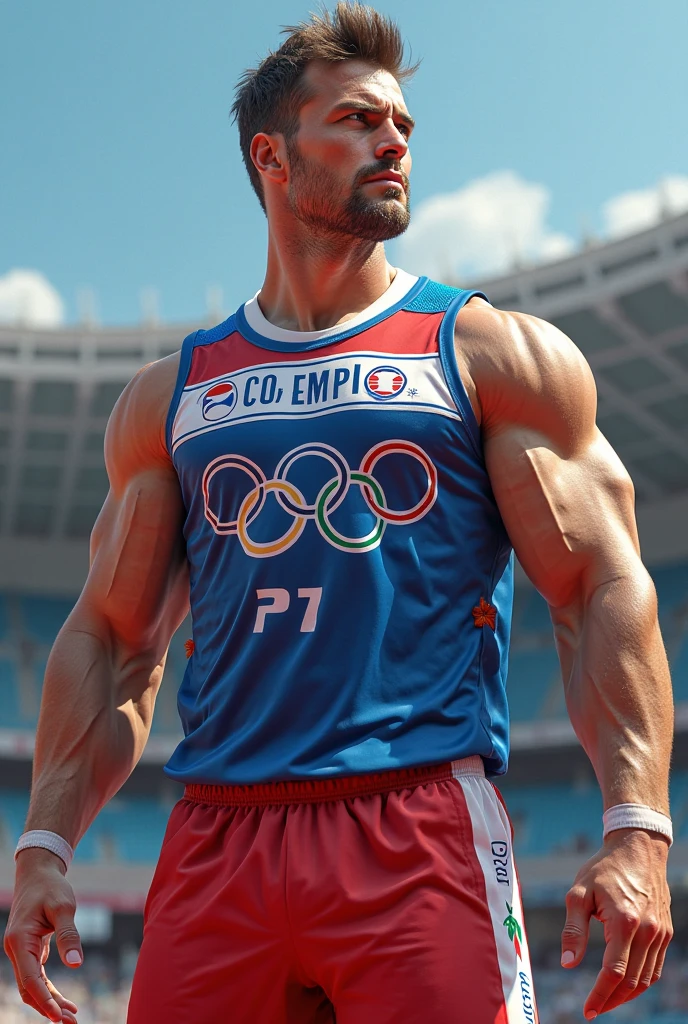 Muscular bodybuilder Brazilian in the Paris 2024 Olympics, for muscular men, tight super thin waist