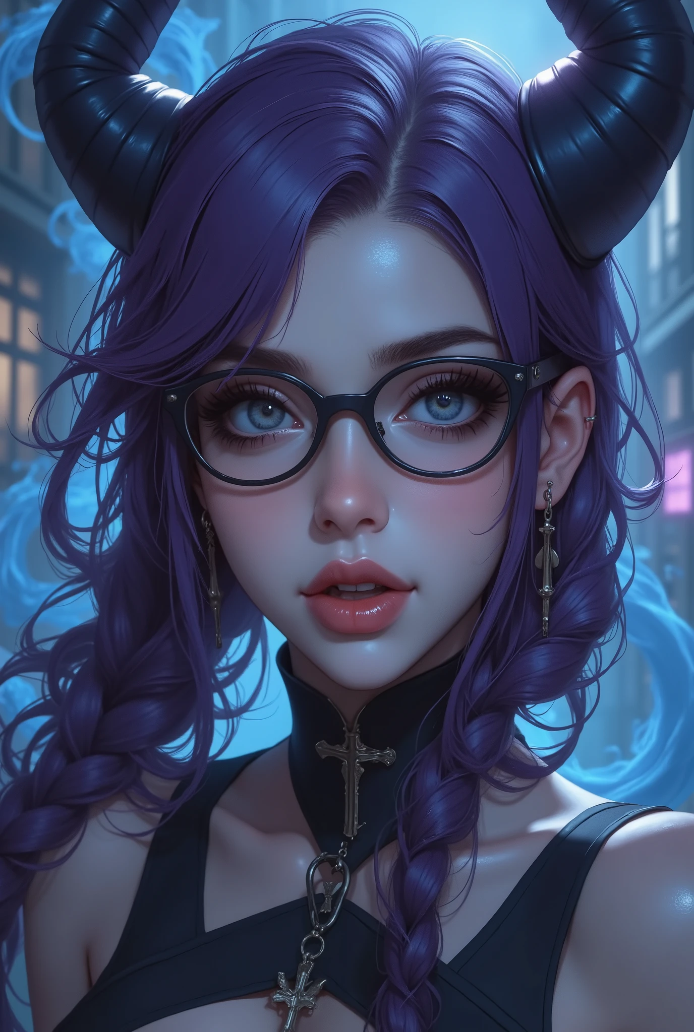 (ultra-detailed,photorealistic:1.2), HDR, professional, vivid colors, bokeh, 3D rendering,   girl, solo, purple hair,  face, big , sensual,  pose, soft lighting, lace , high heels, boudoir photography, glamorous, confident expression, alluring gaze