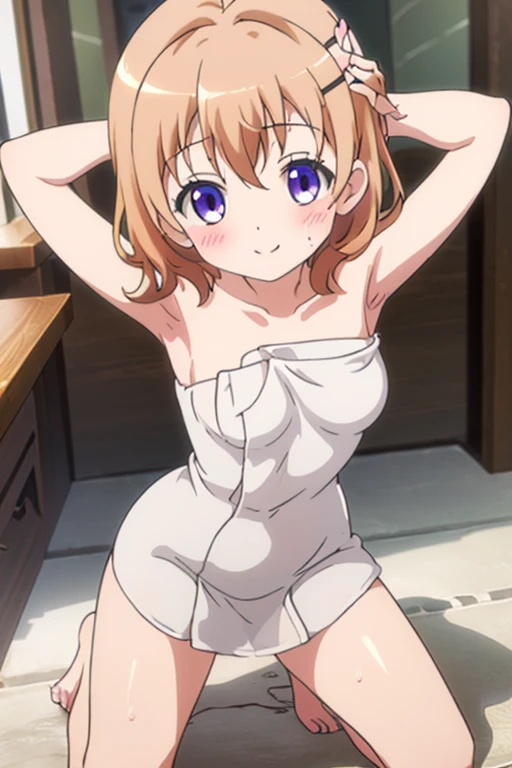 (Tabletop, Highest quality, High resolution, Hmph, Pixel perfect, Depth of written boundary, 4K),
One Girl, upon, Beautiful Anime Girls,
View your viewers,
Perfect body,
yuigahama yui, short hair, Pink Hair, Hair Bun, Large Breasts,
smile, (blush, Half closed eyes:1.2),
Open your mouth,
In the sauna, Roll up a towel,
Wet Hair, fog,
throw,
From below,