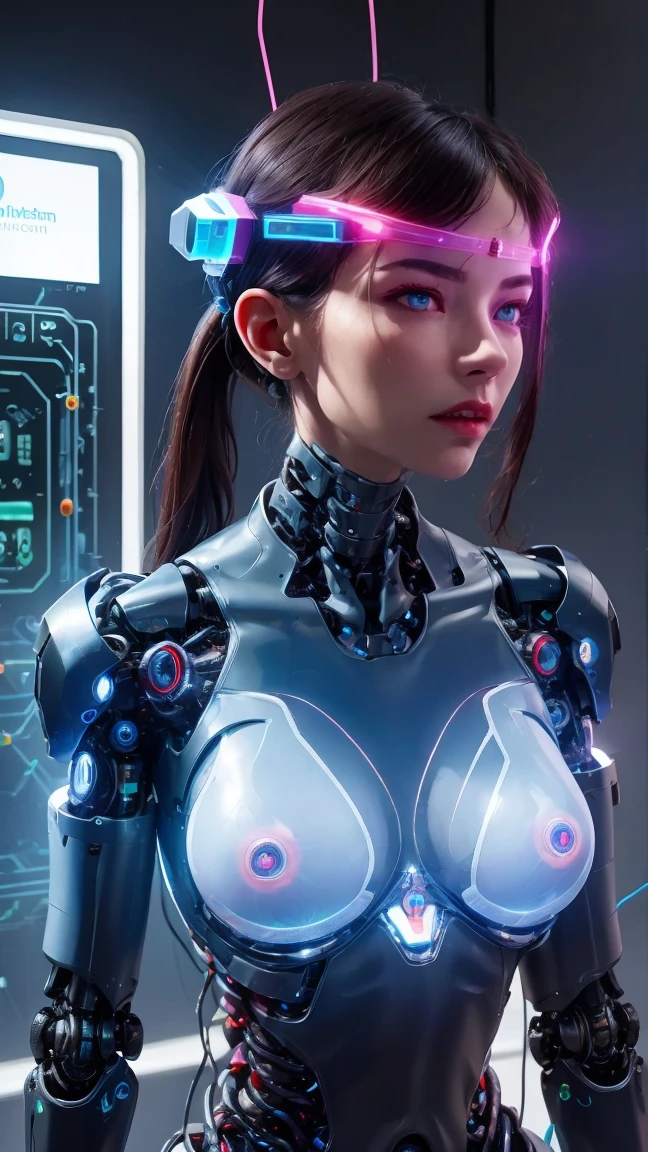top quality, future world, State-of-the-art robot, Beautiful Woman,snowwhite,Transformed into a cyborg except for the face and some parts, ig model, sexy images, Wires are connected to the back of the body, As sexy as possible, Partial exposure of chest and lower body, I can see my whole body,
