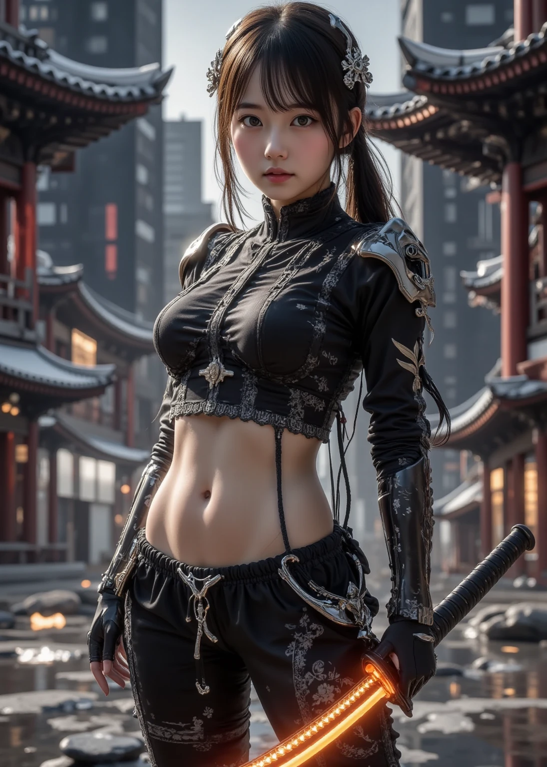(best quality,4k,8k,highres,masterpiece:1.2),ultra-detailed,(realistic,photorealistic,photo-realistic:1.37),warrior, assassin ,heroine, young 14 year old girl, very , tiny , muscular defined , beautiful detailed eyes, beautiful detailed lips, gymnast body, extremely detailed eyes and face, long eye lashes, beautiful and sexy appearance, feminine slim body figure, flawless skin, glossy dark hair, athletic body, small athletic chest cup size, very size, very 32A cup size, small flat chest, combat ready postures, highly skilled in martial arts, sword-wielder, graceful movements, deadly precision, slender yet powerful arms and legs, fierce and confident expression, ninja mask and hood, black leather outfit with flowing fabric details, tactical armor enhancements, sharp weapons and tools, background with ancient Japanese architecture and cherry blossoms, explosive special effects, high contrast colors, gritty and dark atmosphere, tense and energetic lighting, stylized and dynamic poses, masterful blending of martial arts and mystic powers, mortal kombat 11 style, detailed textures, meticulous attention to anatomical accuracy, dynamic composition, cinematic and action-packed scene, showcasing the warrior's strength, agility, and determination, immersive and captivating artwork, awe-inspiring and powerful Sugilite Ninja Woman, ultra realistic,