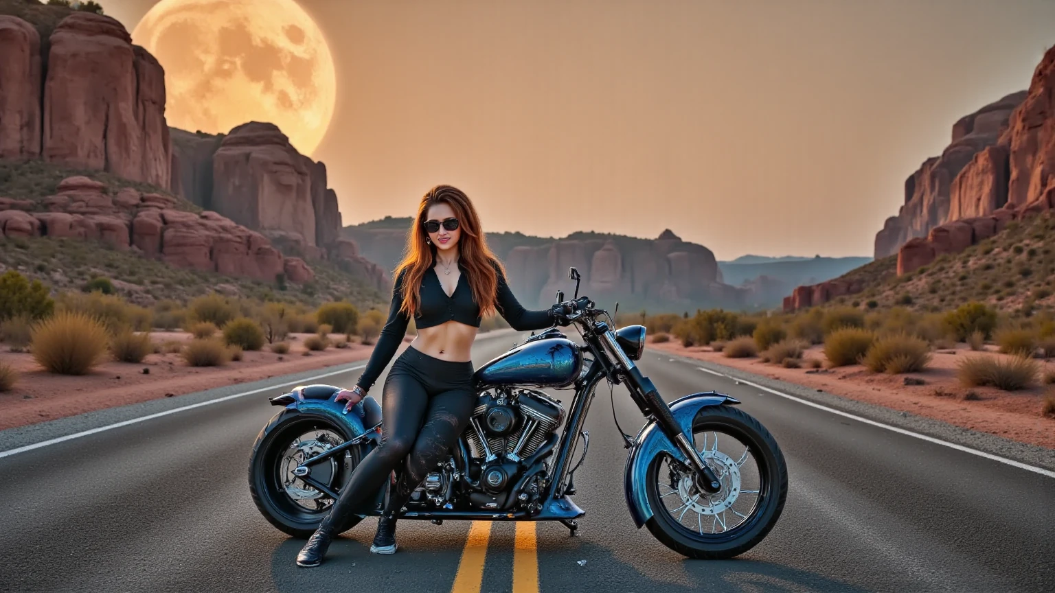 Woman riding a Harley,Long black hair with red highlights, Full Scene Shot, Highest quality, sunset, Step Path, The wind is blowing,Look up at the sky, Beautiful woman, Outdoor Scene, 自然のlandscape, bikini, Umbilical cord prolapse, jeans,Cross Belt、Highly detailed face and skin texture, fine grain,, whole body, Octane Rendering,Two-tone lighting,wide aperture,Low ISO,White balance, Driving a classic motorcycle, landscape