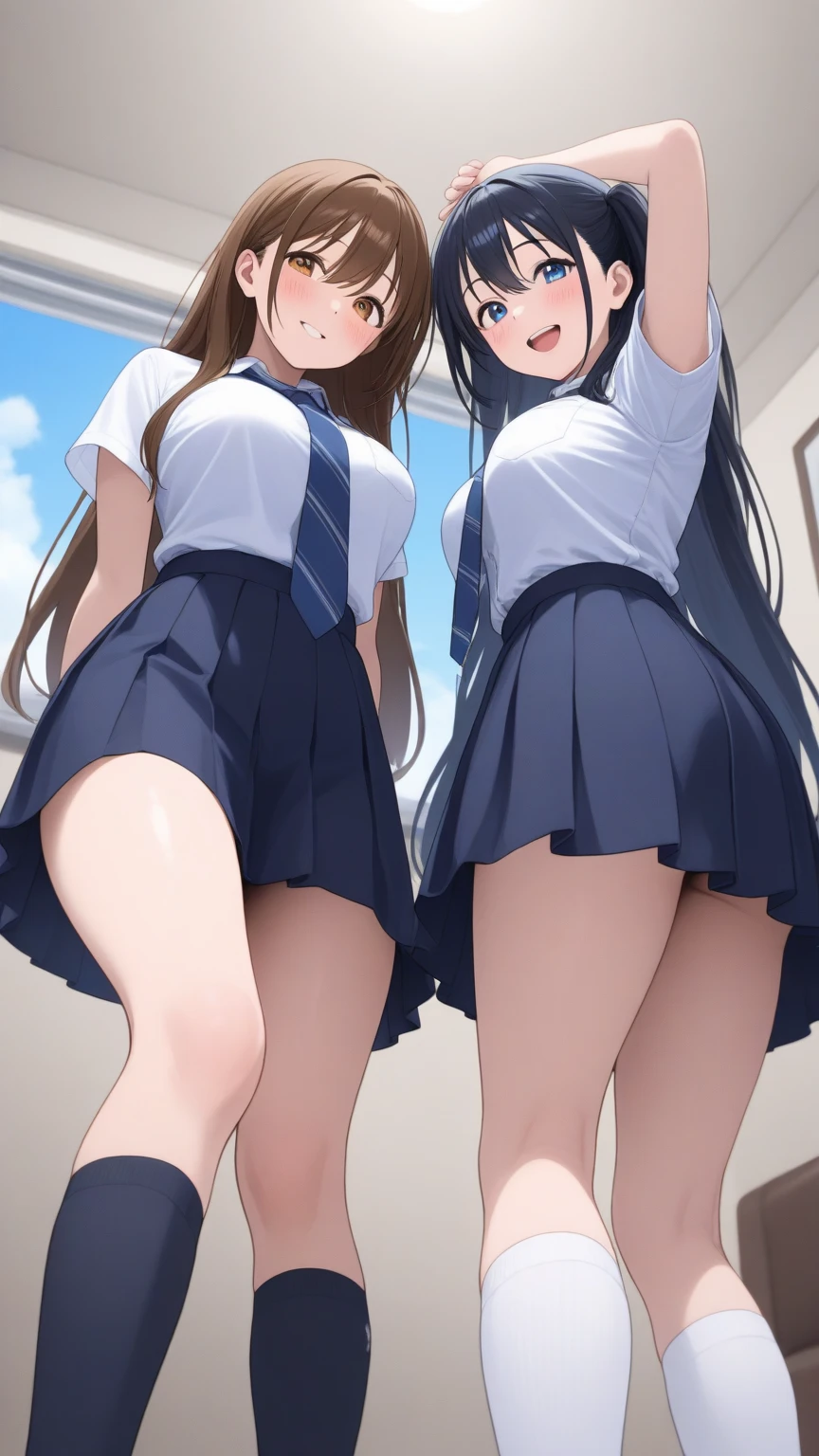 a beautiful detailed eyes, beautiful detailed lips, extremely detailed eyes and face, long eyelashes, 2 schoolgirls standing on stairs in provocative pose, pleated skirt, buttocks, large breasts, thighs, thong, stockings, loose socks, leather shoes, stairs, sexual appeal, lewd and perverted((2後ろ向きの2女子高生がstageでButtをアピールするポーズを取っている、Pleated skirt、Butt、Big Breasts、Thighs、Thong、socks、loose socks、Leather shoes、stage、Sex Appeal、Horny slut))