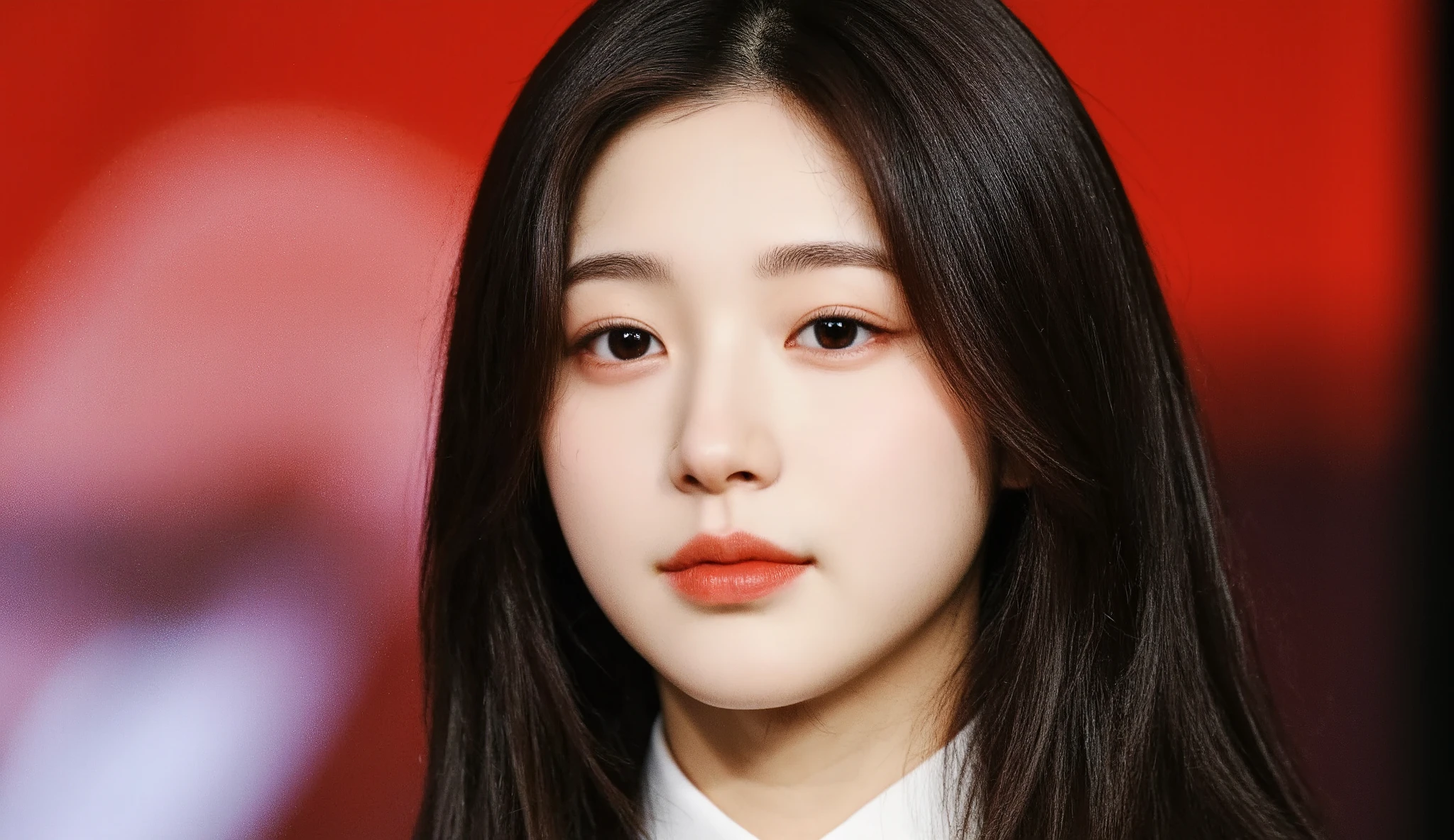a shoulder-up candid photo of a 20-year-old Korean woman on a real concert stage, photographed with a DSLR, natural lighting, detailed skin texture, soft background blur, minimal or stage makeup, unique facial features, ultra photorealistic, not digital art, not illustration