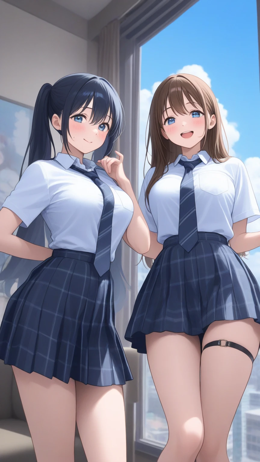(Best quality, 8k, 32k, Masterpiece, UHD,:1.2),RAW, 2girls,ultra cute , natural lighting,transparent shining eyes, 20yo,medium breast ,fair complexion ,flushed face,dynamic Lighting, on stairs, ((school uniform)), crawling position on their hands and knees, closing legs, halfway up the stairs, shiny, show off panties, White or blue panties, Cameltoe, wedgie, Closeup panties, From Below, ((Cowboy shot))
