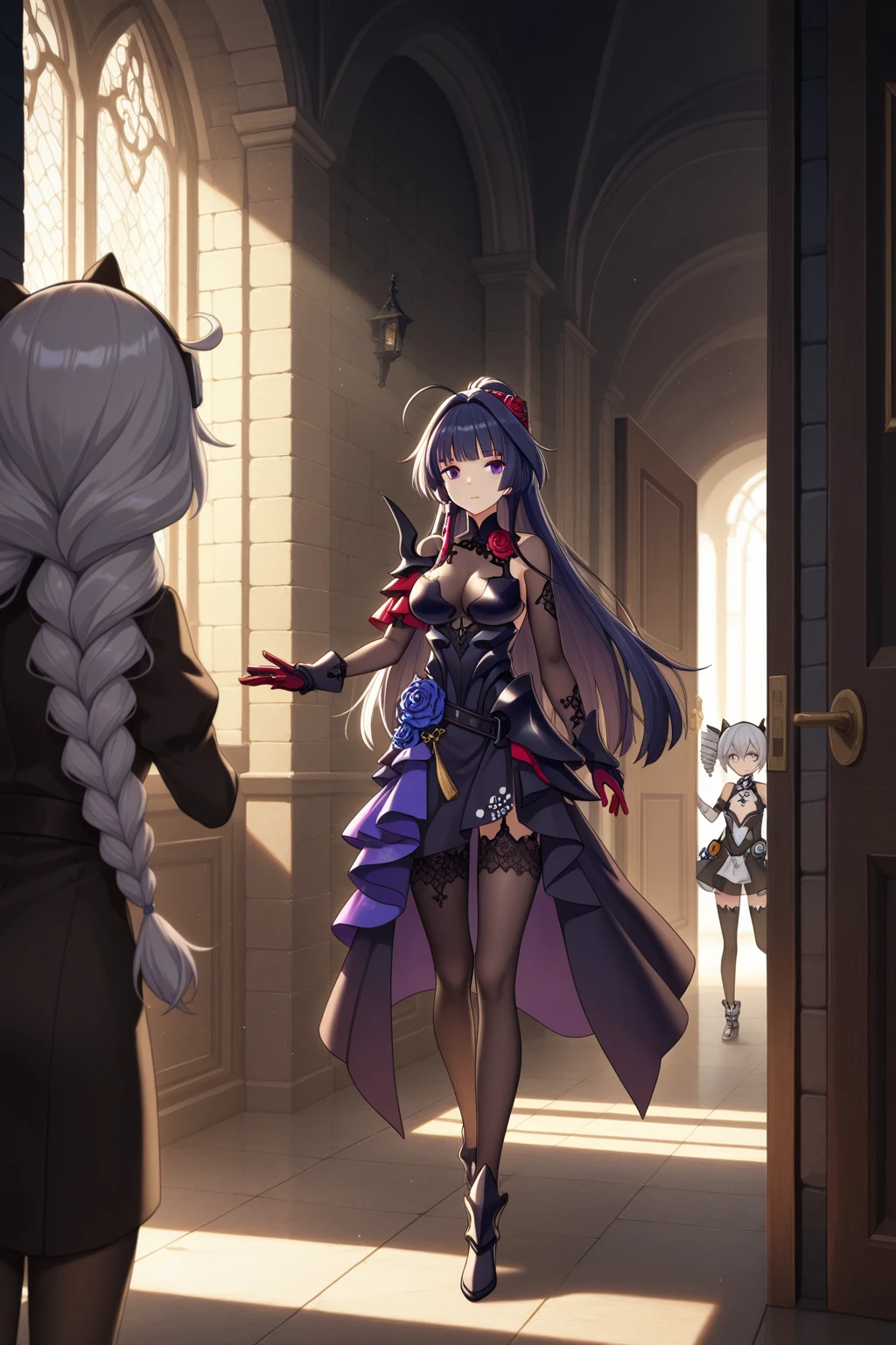 (Masterpiece, best quality) (high res, ultra-detailed) (perfect anatomy) outdoors, 1girl, solo, dress, SELA, large breasts, tan, necklace, white sleeves, thigh highs, muscular, thighs, full body, priestess, church, religious, pants, coat, pullover, boots, body suit, big dress, big robe, black body suit, HIGH BOOTS, feet together, toe to head