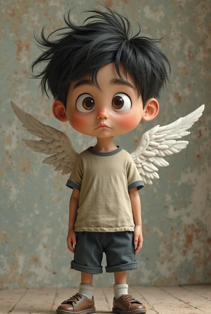 A child ,with white angel wings, short black hair and green eyes,Your image is pure and so sweet and cute with a shy expression and ordinary clothes,a white shirt and beige pants and light gray shoes
