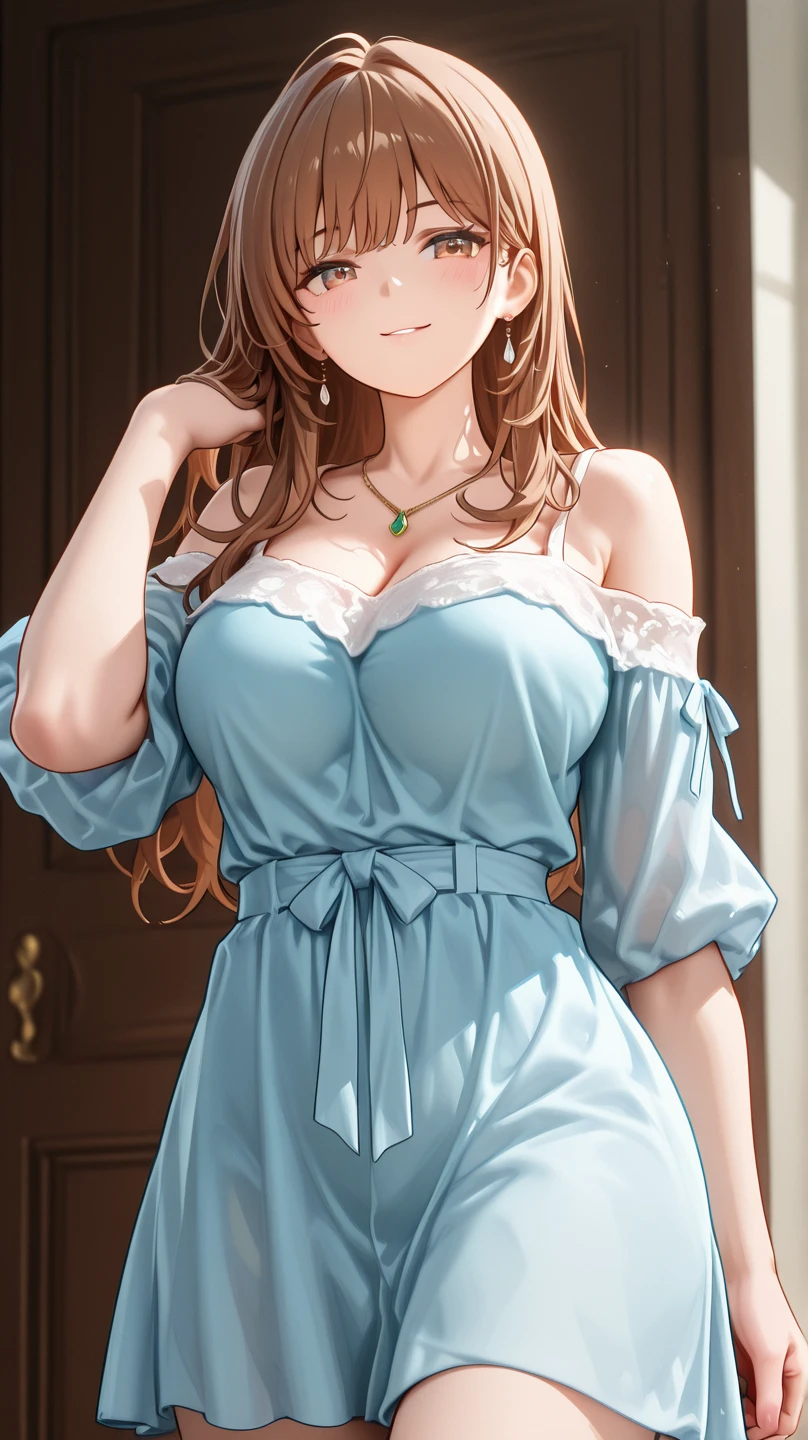 nozomitoujou, nozomi toujou, green eyes, brown hair, curly hair, large breasts, masterpiece, best quality, high resolution, beautiful detailed eyes, extremely detailed face, good lighting, detailed CG, nightdress, messy hair, from behind, picture in a frame, (glory wall pose:1.3), through wall
