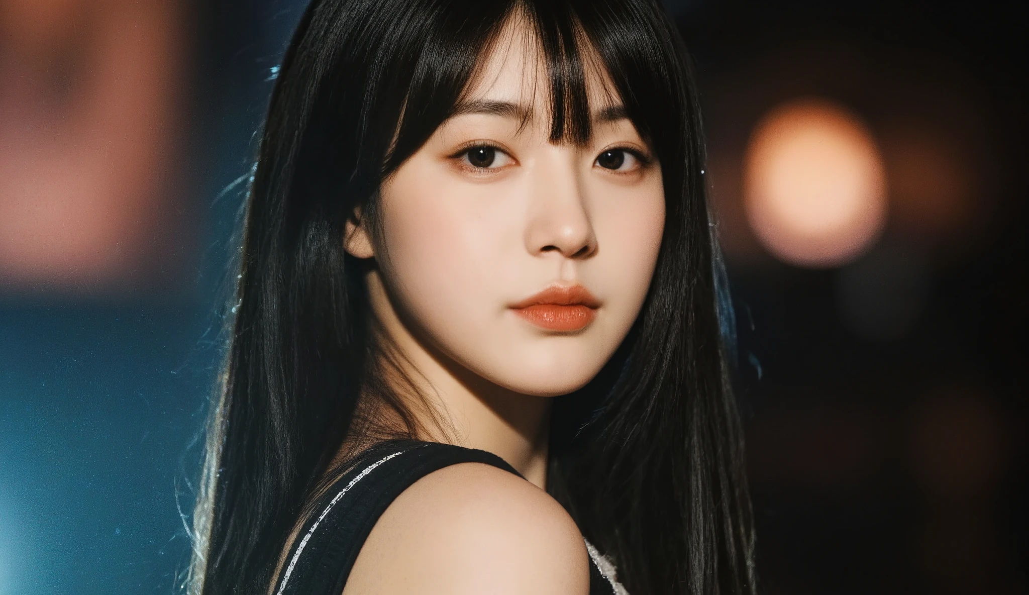a shoulder-up candid photo of a 20-year-old Korean woman on a real concert stage, photographed with a DSLR, natural lighting, detailed skin texture, soft background blur, minimal or stage makeup, unique facial features, ultra photorealistic, not digital art, not illustration