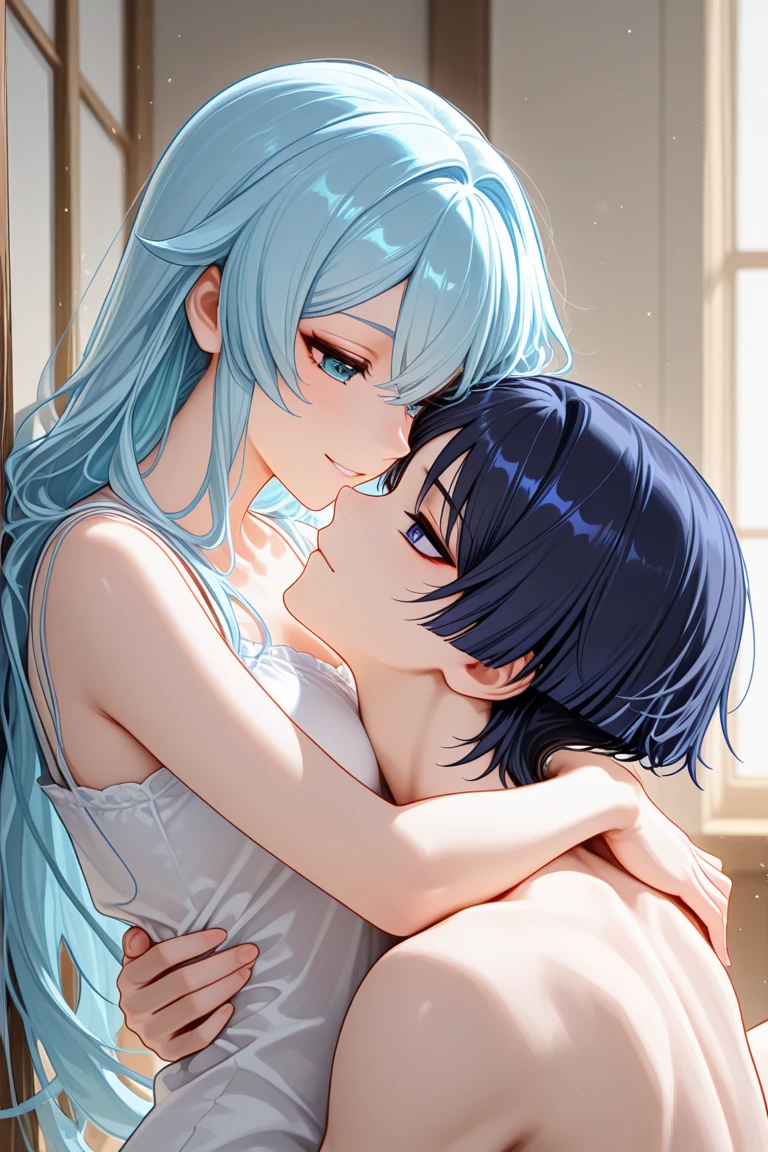 NSFW,masterpiece,Highest quality,High resolution,Super detailed,Star Town Suisei\(Hololive\),Blue Hair,One Side Ponytail,Blue Eyes,Small breasts,(High-quality see-through dress,silk),Estrus,smile,blush,(Sweat),Luxurious Room,Party Venue,chandelier,(Middle-aged men),A man puts his hands on her waist and hugs her,Having sex,Insert,Creampie,heart,From the side,Being spoiled,Physical contact,kiss