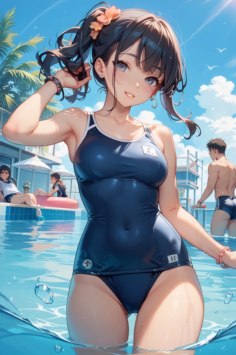 (Superflat, Flat Shading, Flat Color:1.1)、(Magazine Cover)、An illustration、(Asian boyish girl)、(cute:1.2)、Very beautiful 14 year old manga girl、Great smile、Blushing cheeks、(Skin with attention to detail: 1.2)、Photorealistic anime girl rendering、Realistic Anime 3D Style、cuteボブカット、Beautiful brown hair、Intense black eyes、Strong eye highlights、(Detailed、Mid-chest)、Perfect ???????、My hair is messy、Old-fashioned school swimsuit、((A torn and tattered school swimsuit))、White school swimsuit、((Wet))、From below、((from the front))、Showing off her school swimsuit、Small school swimsuit、Angle from the feet、From belowのアングル、((From below見上げるアングル、Showing ??????))、Volumetric lighting、Soft Light、bright、neon、Vibrant colors、Watercolor、