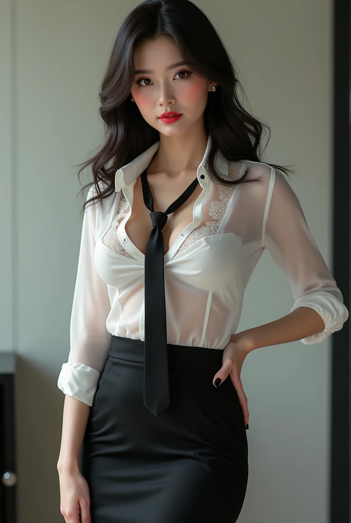 Super detailed、Japanese、charming beauty、seductive adult woman、Dainty woman、sharp eyes、cool girl、wavy hair、suit、Black chiffon、lacy fabric、wide sleeve、wearing a lace insert dress、white blouse、flare skirt、pantyhose、Shiny legs、evilの幹部、evil depravity、brainwashing、Mind control、lipstick、grin、邪evilなな表情、evil、empty eyes、邪evilな、darkness room、seductive pose、sit on a chair