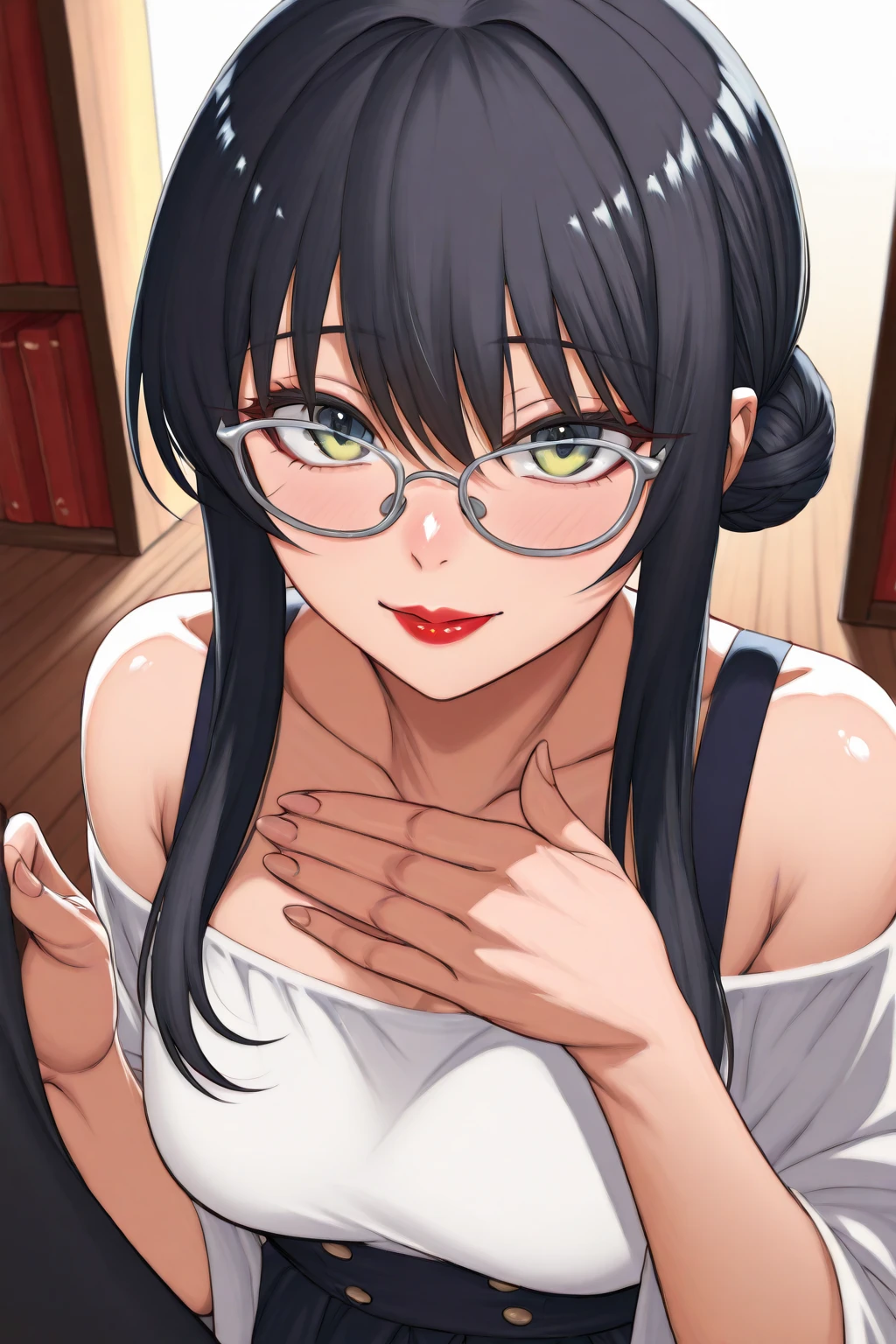 uma com cabelo ruivo e usando oculos com as penas abretas em cima do sofa, nsfw, oppein