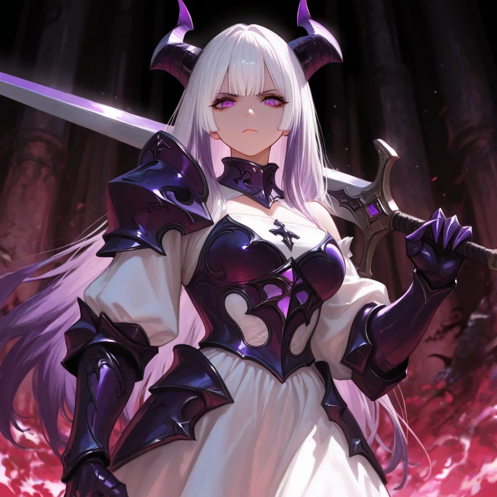 masterpiece, 1girl, excella, red eyes, long silver hair, hair ornament, armor, frills