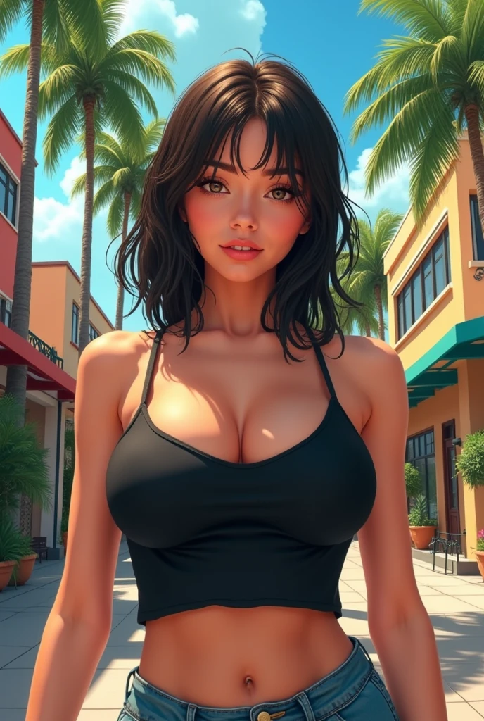 black hair woman, dressed in a bikini, embarrassed at a traffic light