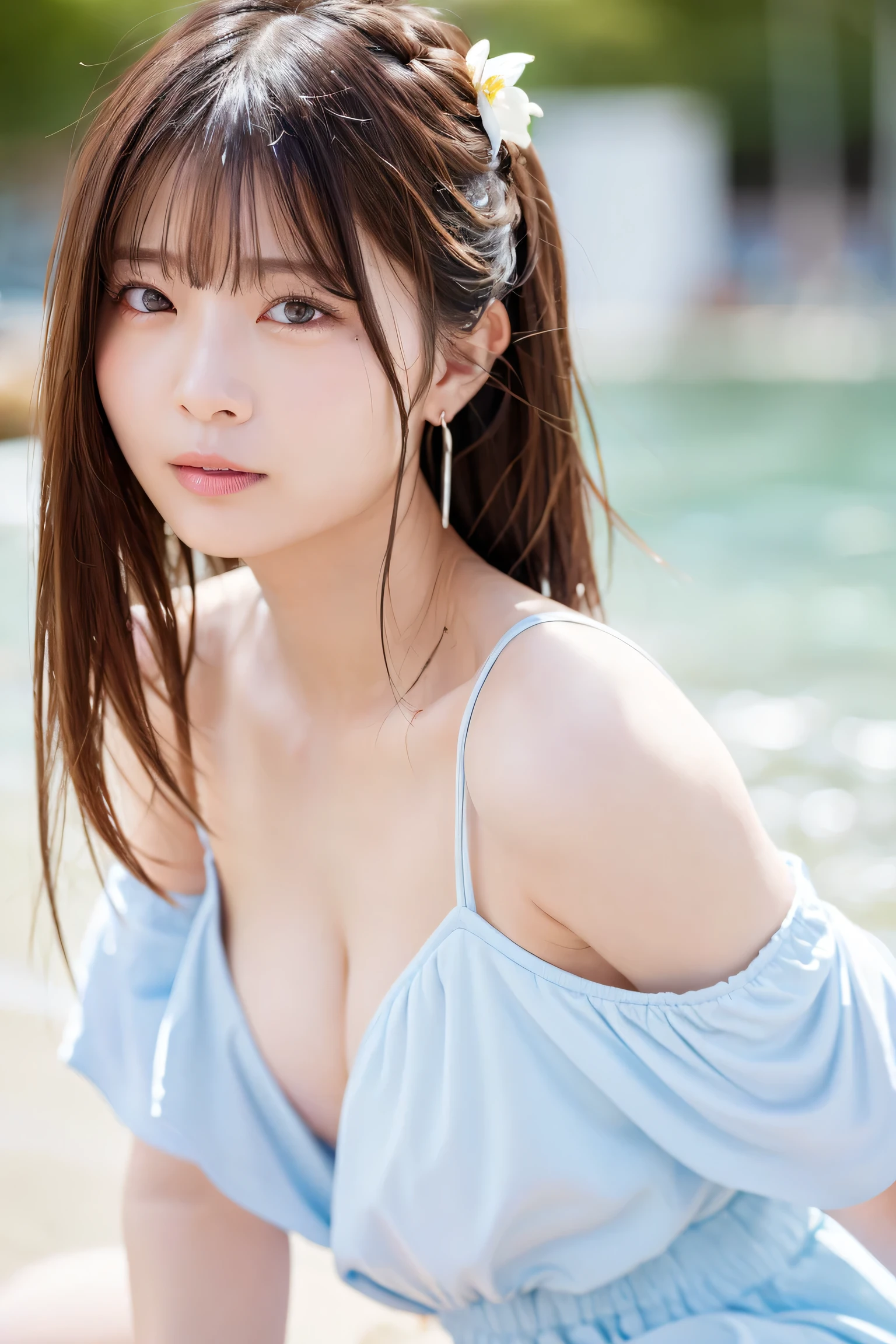 (Dynamic Angle:1.3),Extreme close up,((the wind is strong)),映画ofハイライト,1人of女of子,Upper Body,dancing,View your viewers, ((On the beach, alone)), jewelry, blank eyes,brooch, 茶hair,( 長いhair:1.2),floating hairlong_sleeve, ribbon, Jacket, dress, gem, hair_ribbon,null, depth_of_Field, a close view of flying petal,