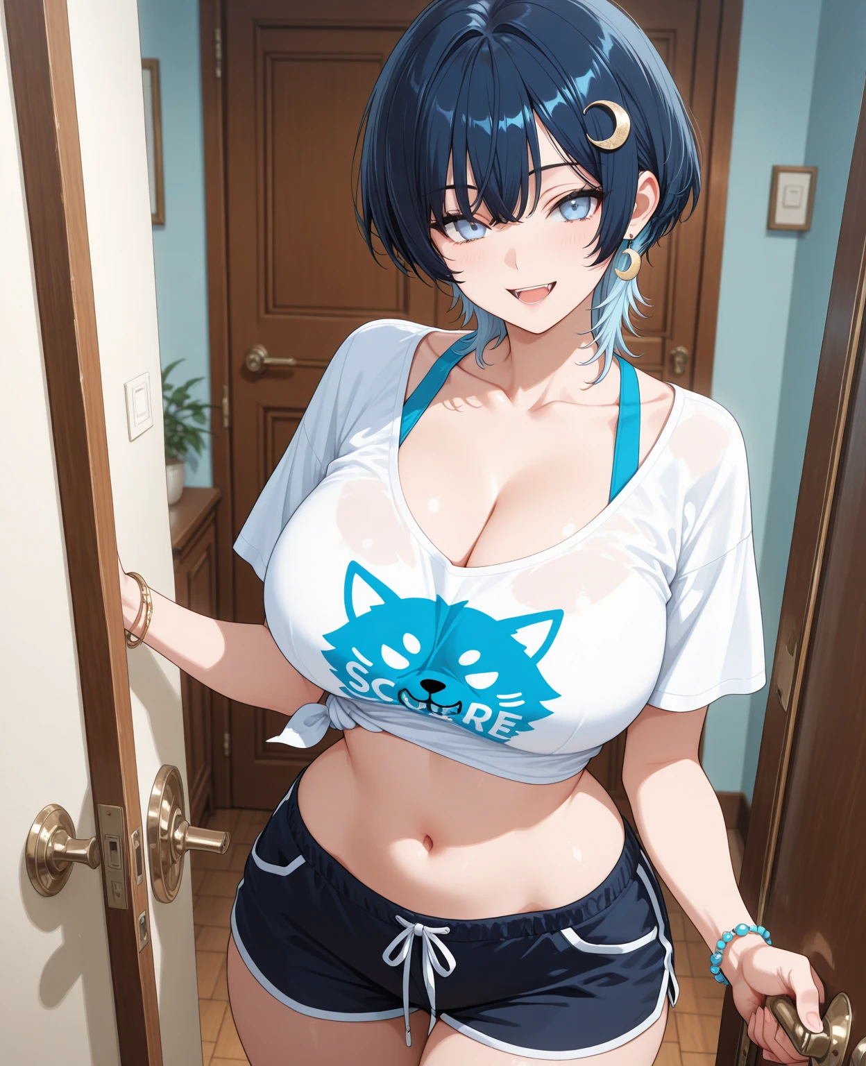 a hentai girl, short blue black hair,big breasts, small waist cute blue eyes, Chubby average