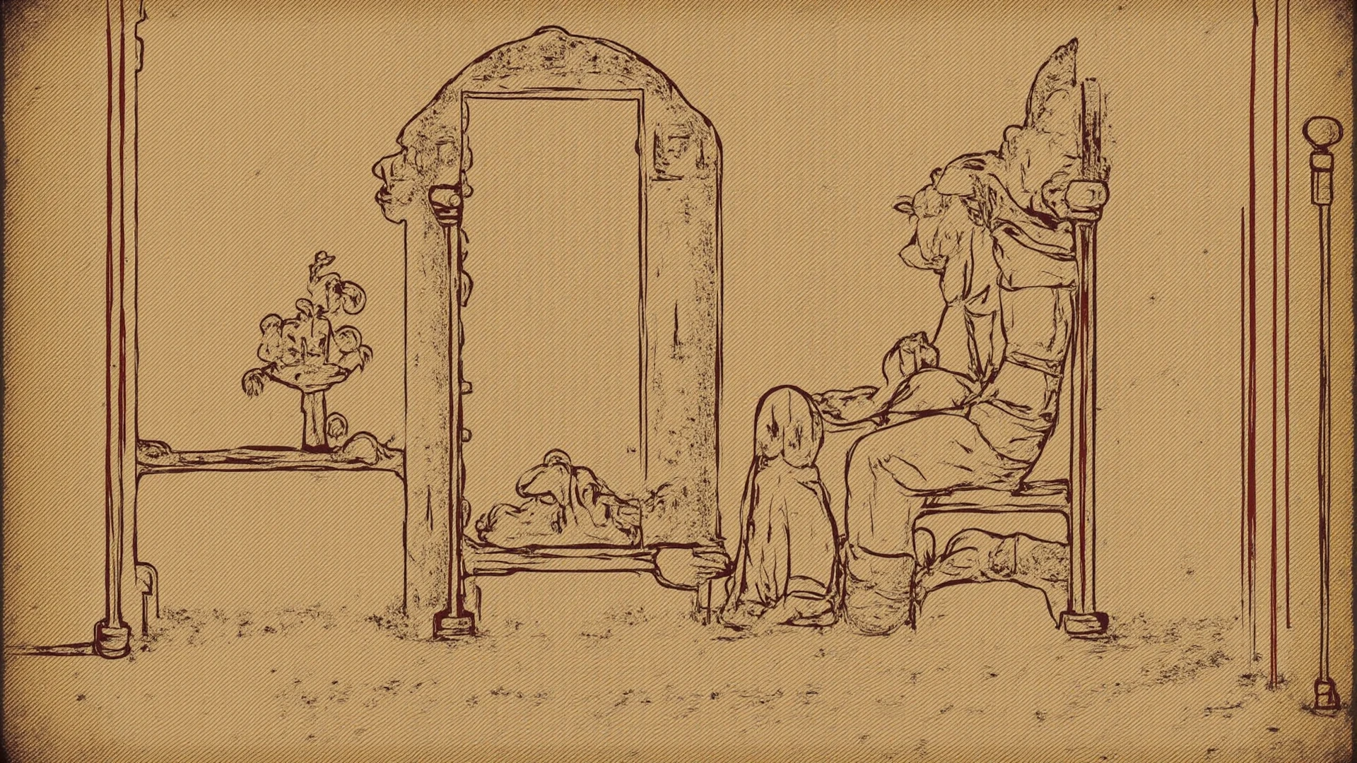 there is a naked mannequin in a room with a mirror, point-and-click adventure game, movie screen shot, digitally painted, animation still screencap, alice goes down the rabbit hole, animated movie shot, still from a fantasy movie, scene where she is in rivendell, animated film still, screenshot from a movie, cell shaded adult animation