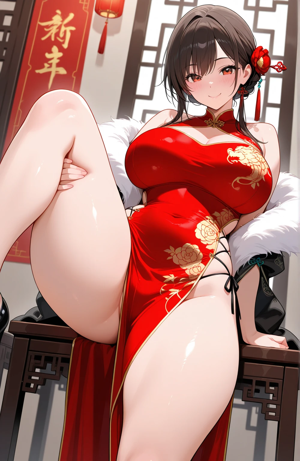 Masterpiece, Superb Body, Extremely Normal Body, Cave House Flower Candle Night, Wedding Scene, (((Single)) (Kneeling Position) Mature Woman, Chinese Style, (Royal Sister), Chinese Costume Red Wedding Dress, Hair Bun, Black Long-haired Woman, (Embroidered Cloth Shoes ++), Black Stockings, Red Lips, Gentle, Intellectual, Three Bands, Wedding Background, Shun, Red Lantern, Festive Atmosphere, Face Close-up, Face Close-up, (table humping:1.5), (crotch rub:1.5),(panting:1.2), (blushing:1.3), (yawning:1.5), (pussy juice:1.5), (suggestive fluid:1.5), table, lifting,