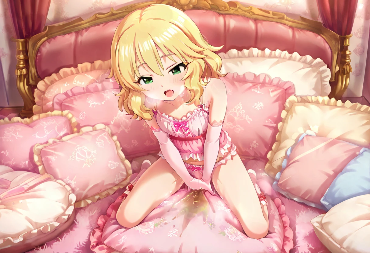 （best quality， masterpiece），mine   , details), (Light and shadow oxtail  , bed background, Cute girl posing on pillow ，Pillow,（piles of Pillow），Upholstered，（（four poster bed）），Soft pillow quotation，Lots of Pillow，（Pillow），The love surrounding the protagonist，steam，Luxury Pillow），（luxury bed），（Gorgeous pattern pillow），luxurious pillow，（bedroom ），pillow humping，hump，open mouth，red eyes ,  kneeling,（Love around the protagonist），（Steaming hot），（pillow）,Four poster bed，Canopy bed，Lots of pillow heads，princess bed  , frilled pillow  ,   long hair  ,  frilled pillow ,  (pink polka dot pillow)