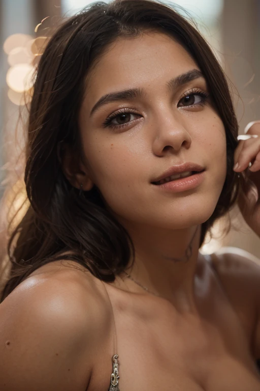 Ultra-realistic portrait of a 37-year-old woman, straight hair that curls at the end, shoulder-length hair, woman with white dark skin, large and round light brown eyes, barely visible freckles, looking directly at the camera. A woman should look young. Her gaze is intense and penetrating. it expresses a lot of cuteness and beauty. The portrait You should focus on capturing the details of her facial features, including the texture of her skin and hair. The lighting should be soft but detailed, highlighting the contours of the face and creating a deep and captivating image.