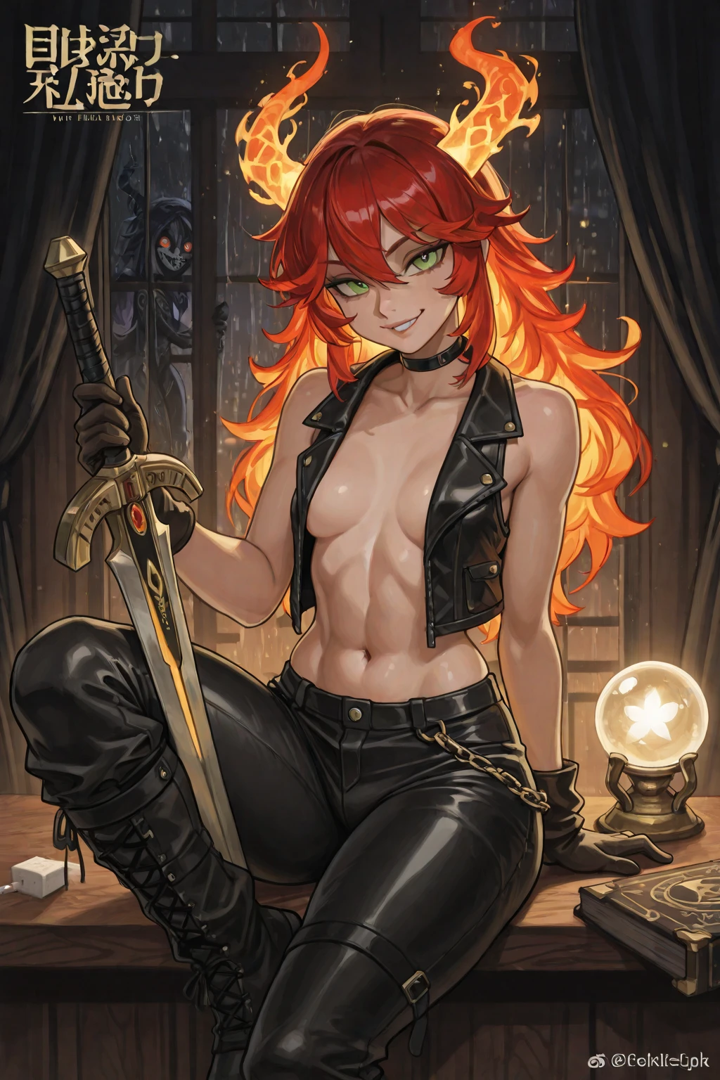 Lady is in her early 20s and has blue eyes. She’s pale and her hair is straight. She has freckles and porcelain skin. She has massive breasts and she’s skinny with a big ass. She wears a black drape that has spaghetti straps and covers only her breasts and crotch area. She numerous black tattoos that read in foreign languages and symbols. She has large black horns and a devil tail. Her hair is a bright orange-red color and it’s long, not in any style.
