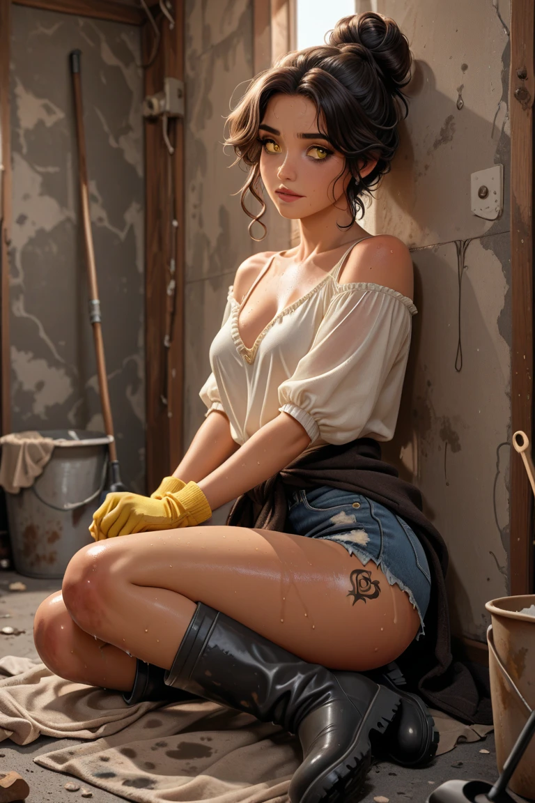 garota loira, beijo anal, blacksmith, long overalls, blacksmith's glove, alone photo, detailed eyes, detailed face, very long hair, big breasts, perspiration, hammer, forging, wide hips, accessories, full body photo, wind, detailed furnace, realistic furnace,