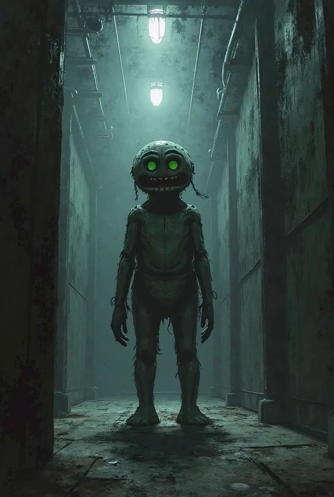 A dark and disturbing scene in an underground environment. At the center, a humanoid figure with pale skin and rough texture, with multiple eyes on different parts of the face, that glow a sickly shade of green. The figure is surrounded by old, rusty equipment, like computers made of tangled tubes and cables. The environment is lit by a cold, irregular light, that projects distorted shadows on the walls. No fundo, there are strange and disorganized objects, such as vials of unknown substances and torn documents, adding a touch of chaos and mystery. The general atmosphere is oppressive and surreal, evoking a feeling of discomfort and uneasiness."