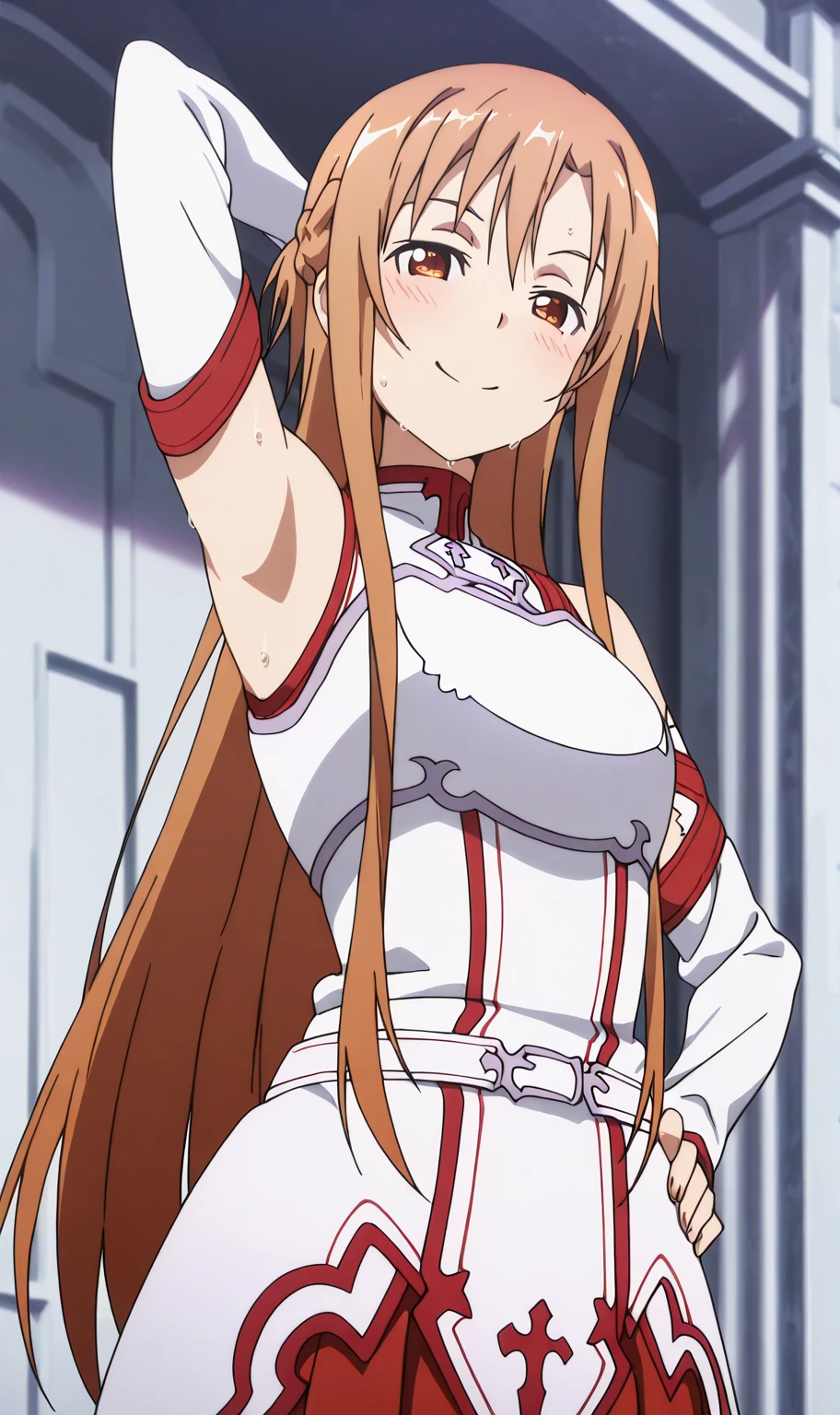 (masterpiece, highest quality), Intricate details,
One girl, Yuuki Asuna, KizukiAi, Brown Hair, Brown eyes, Medium chest, Long Hair, Braiding, Catbo, White gloves, White Uniform, White boots, Red Skirt, Red strap,Ahegao,nude