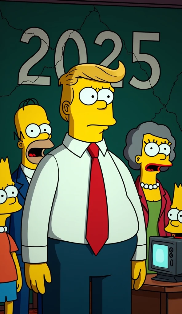 Vladimir Putin, Donald Trump and Chinese president Xi on apocalyptic background with nuclear weapons, bomb, Simpsons style, epic, yellow skin, 8k —ar 16:9