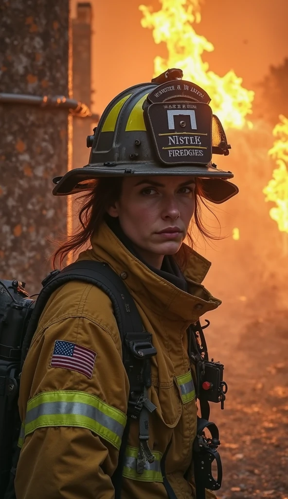 6. Female firefighter (ethnicity: Caucasian, age: mid-30s) in front of a burning building (setting: intense, emergency). She's in full firefighting gear (fabric: heat-resistant, reflective) with her hair tucked under her helmet, and no makeup. She's holding a hose (action: determined, brave), her stance strong and heroic.