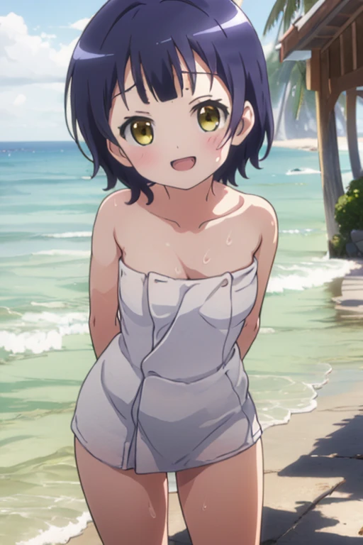 sapphire blue hair, heterochromia eyes, white t-shirts, on a beach
