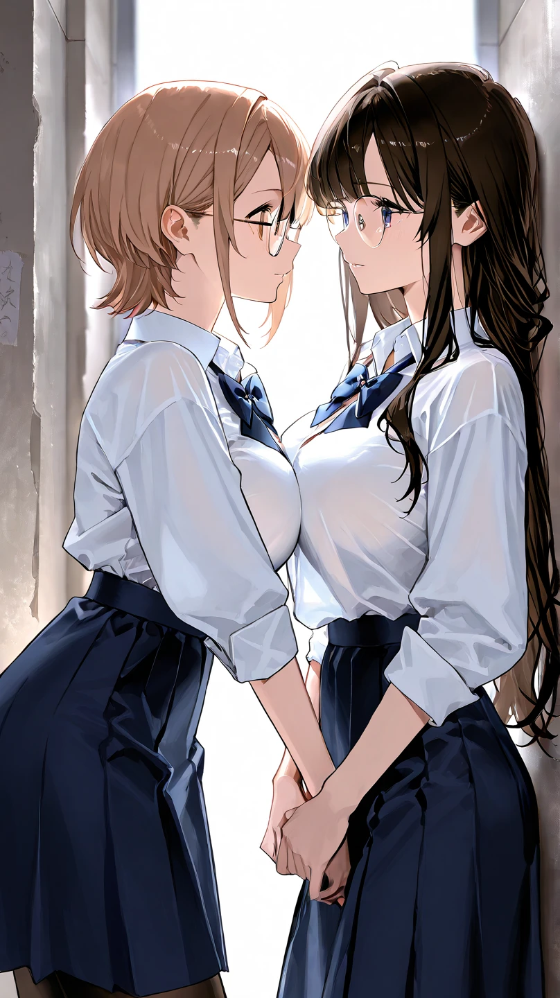masterpiece, best quality, ultra-detailed, beautiful detailed eyes, jitome, (2girls:1.6)、((The woman on the right has short blonde hair、The woman on the left has black hair in a ponytail.)), (mid breast, , from below), blouse、skinny pants、Slender figure、Bewitching atmosphere、blush, pout, open wavy mouth, close up eyes,, standing straight, cleavege,