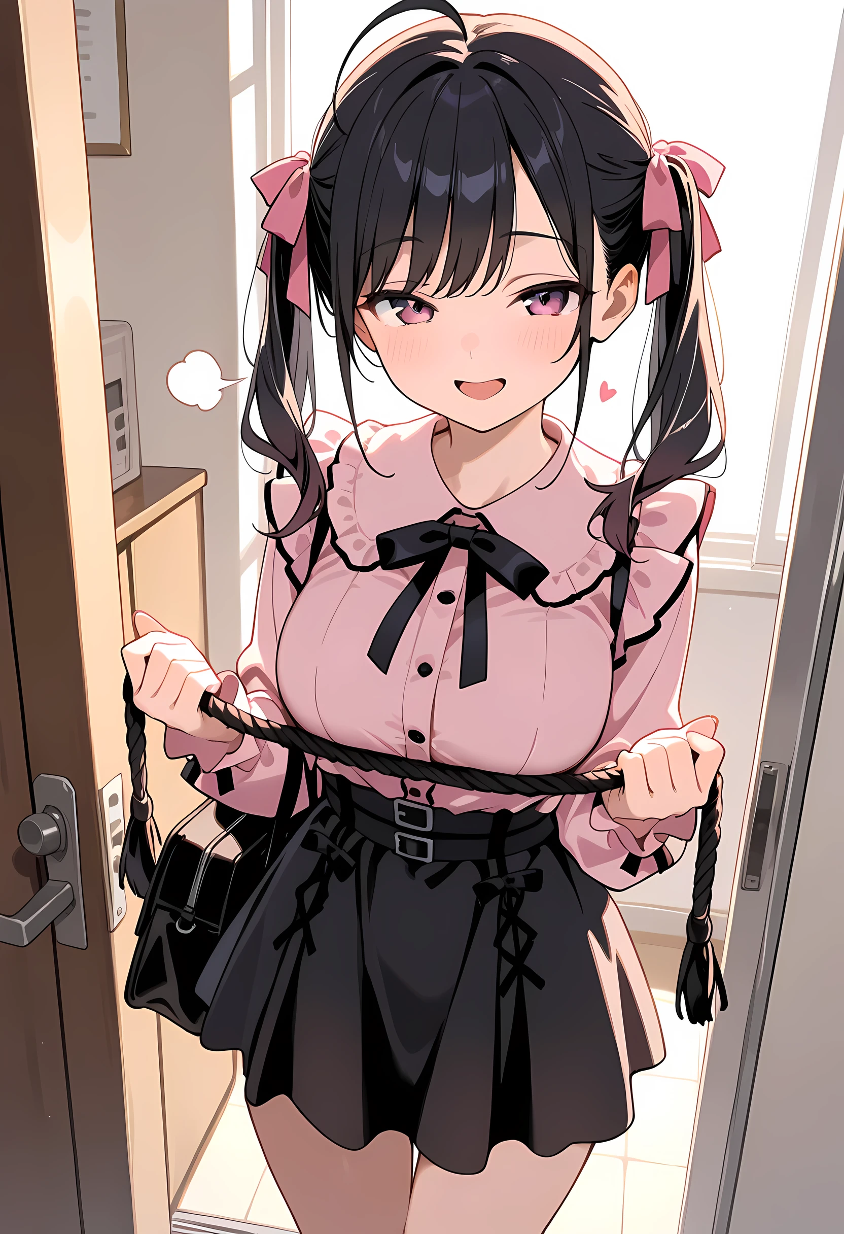 score_9, score_8_superior, score_7_superior, masterpiece, best quality, absurdres, high_fidelity, vibrant, sauce_anime, (rating_explicit:1.0), super detailed, Adorable, 1girl, jirai kei, , black hair, bow, twintails, pink ribbon, bag, pink shirt, black skirt, ahoge, upturned eyes, seductive smile, open mouth, hold rope, Apartment door, Sigh, backlighting