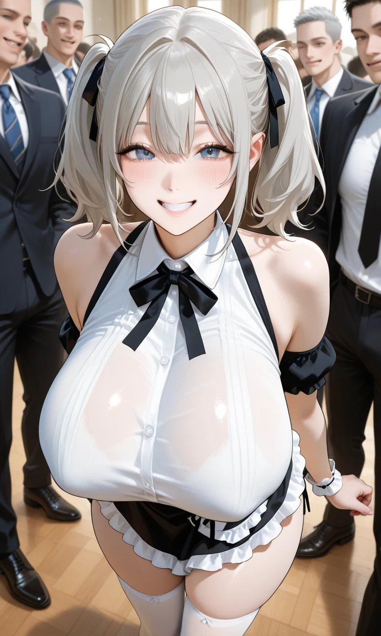 blank \(nod\),playboy bunny, Bunny ears,white leotard,(big breasts:1.5),looking at the viewer,Are standing,((masterpiece)),((highest quality)),perfect anatomy,8K UHD,highly detailed face,luster and luster,((1 girl)),((alone)),perfect image,(Upper body:1.1),(look ahead:1.1),turn your arms behind your back,slim waist,(shiny hair),super detailed,indoor hall,smile,yellow eyes,