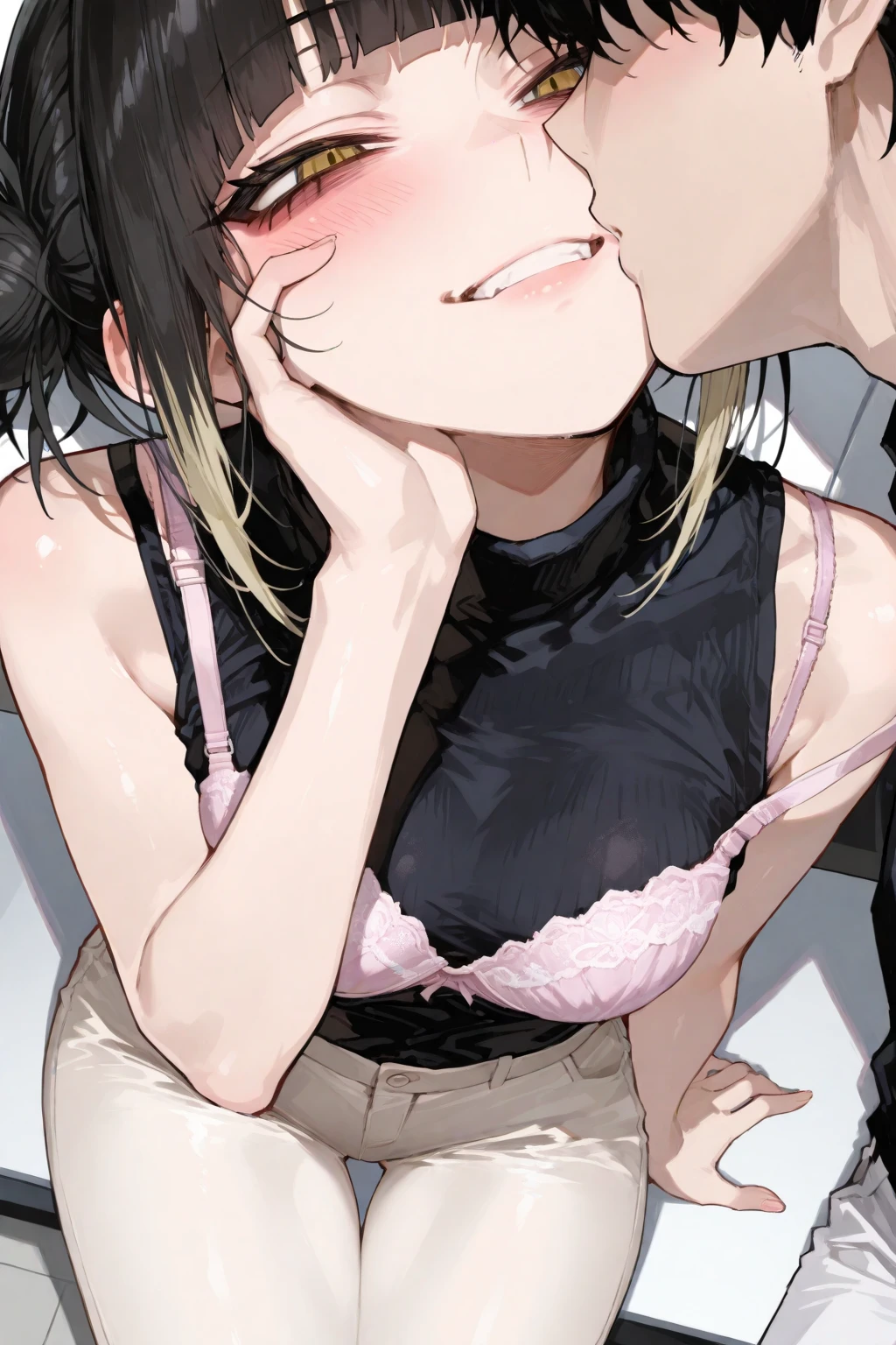 Beautiful girl at 13 years old,Japanese,,,Small and slim,Flat Chest,Small breasts,Baby Face,Small face,Black Hair,Twin tails,middle School girls,negligee,lingerie,open mouth,Blindfold,tongue out,Kneeling and sitting,Beautiful and detailed anime art,high angle, looking at viewer, looking ahead, from above,cowboy shot,Sexy vibe,cum on tongue,On the bed,fellatio,Hands tied behind back,A mischievous smile,