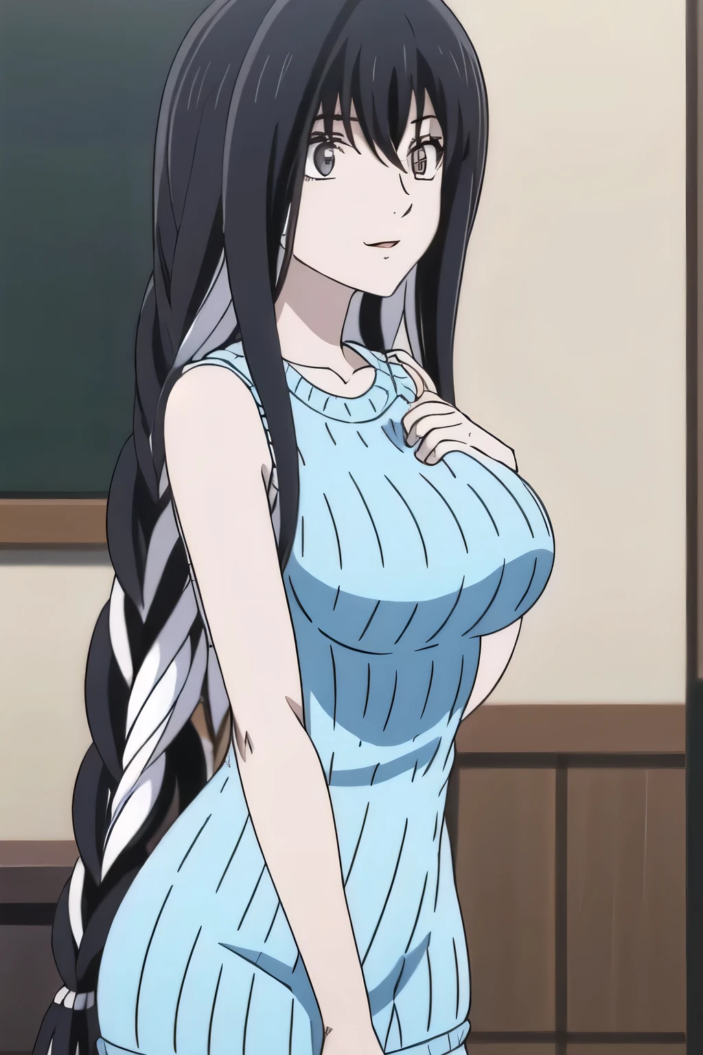 standing,women with nice smiles,Can you draw looking back on a blackboard,Can you imagine her resting on the lakeside,I need a face,Please draw a more delicate expression,Walking Alone, ,, ,(Let's draw a more delicate expression),(sleeveless wool sweater),( black miniskirt),, Big black wavy hair, , big breasts, thin waist , , ,