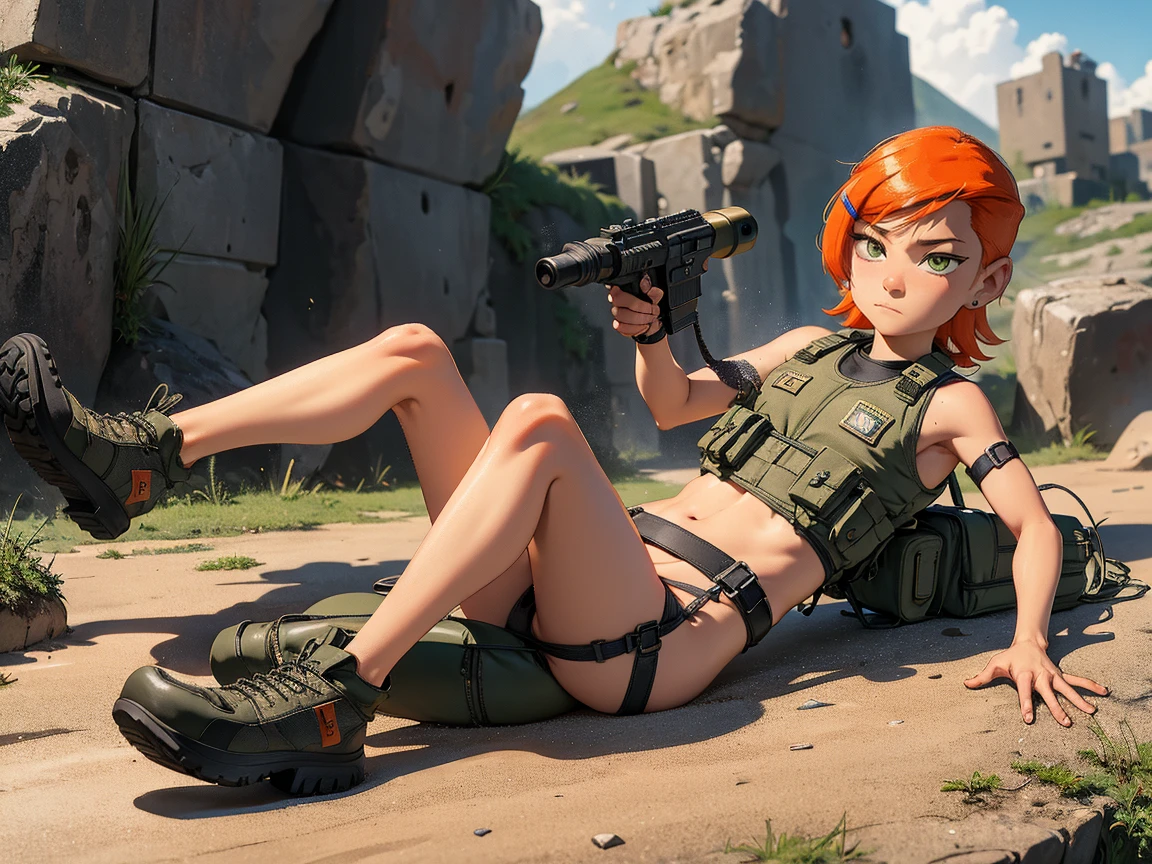cute redhead woman in twin tails, multiple rainbow colored hair, sky-blue eyes, happy, Ukrainian, petite, pale skin, wearing a green metallic color bikini, post apocalyptic background, bleak barren desert, photo realistic woman. --auto